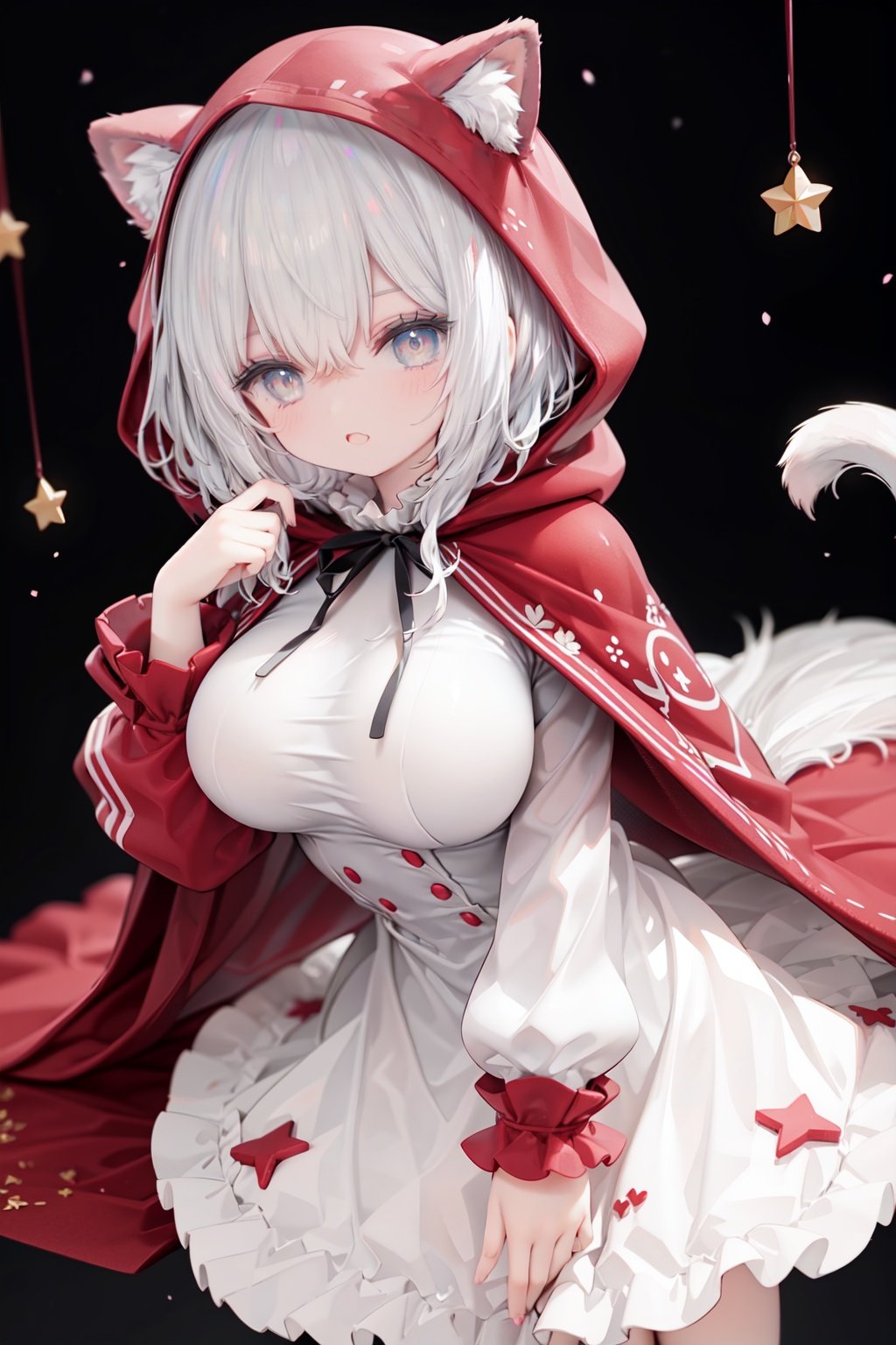 masterpiece, ((best quality)),  dynamic angle, chromatic aberration, ((colorful)),1girl, solo, hood, animal hood, breasts, frills, **ile, hood up, yellow eyes, capelet, hair between eyes, blush, dress, long sleeves, looking at viewer, animal ears, large breasts, black ribbon, bangs, puffy long sleeves, :d, frilled dress, hand up, open mouth, white dress, puffy sleeves, hooded capelet, virtual *******r, frilled capelet, fang, white capelet, star (symbol)