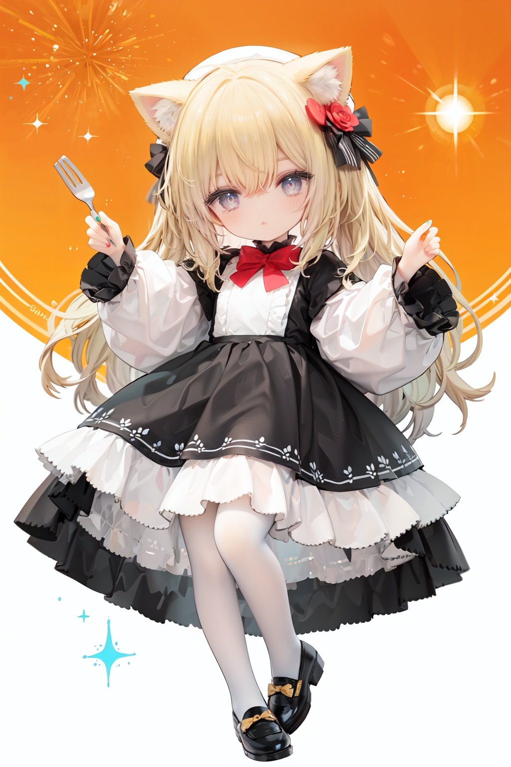 (cinematic lighting),  dreamy atmosphere,  Ray tracing,  (((solo))),  (loli:1.5),  (child:1.5),  (petite:1.5),  green eyes,  (animal ears),  dress,  solo,  food,  blonde hair,  open mouth,  long hair,  pancake,  flower,  holding,  bow,  **ile,  fork,  bird,  socks,  looking at viewer,  shoes,  striped background,  holding fork,  bonnet,  striped,  frills,  long sleeves,  :d,  yellow dress,  bangs,  eyebrows visible through hair,  blush,  green nails,  hair bow,  nail polish,  diagonal stripes,  chick,  sparkle,  frilled dress,  orange bow,  fruit,  full body,  :3,  hair between eyes,  green bow,  puffy sleeves,  heart,  lemon,  orange footwear,  animal ear fluff,  white bow,  cat ears,  bobby socks,  orange headwear,  see-through sleeves,  blue background,  striped bow,  hair ornament,  white legwear,  mary janes