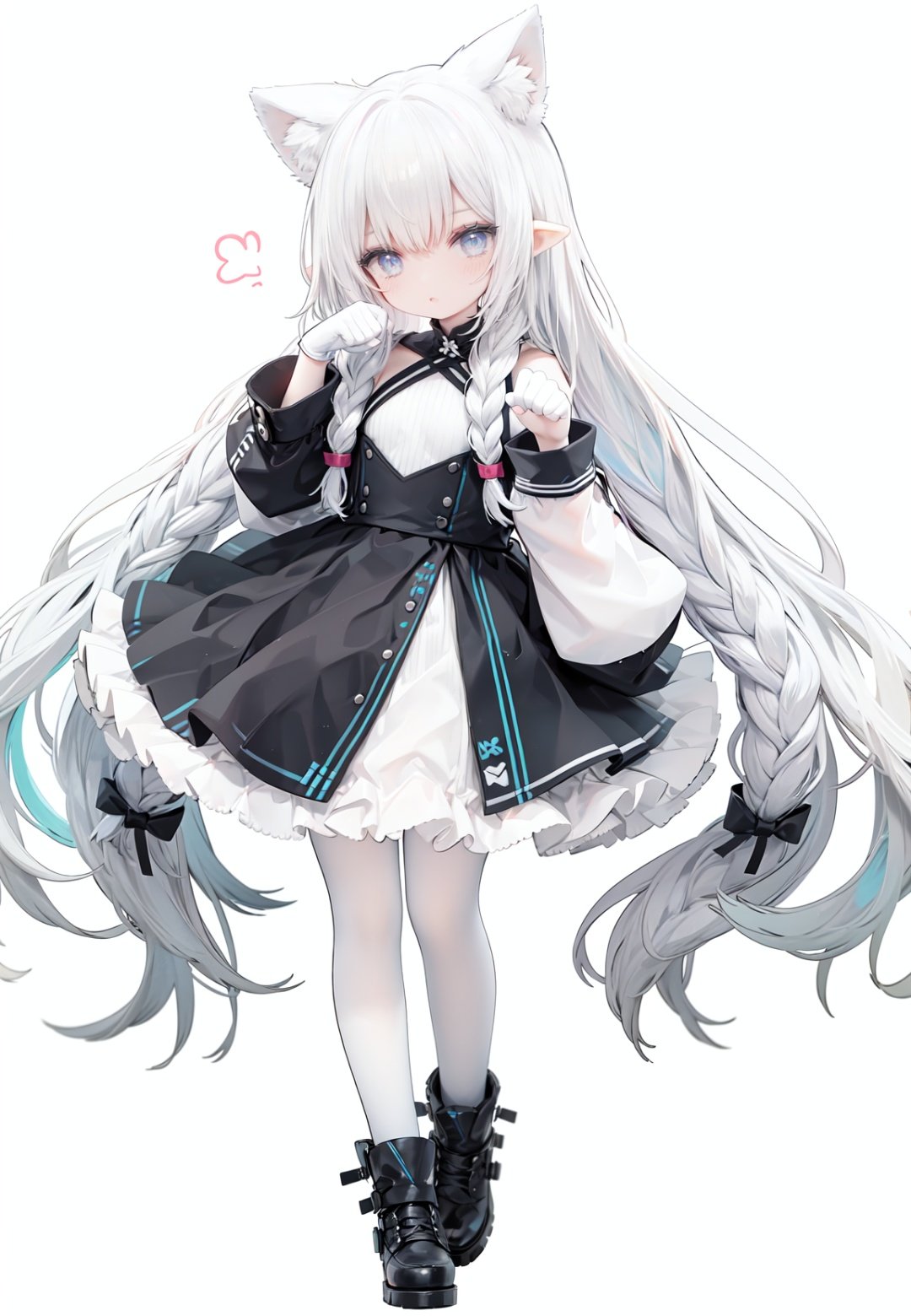 1girl, white_gloves, braid, full_body, gloves, long_hair, official_alternate_costume, pointy_ears, simple_background, solo, standing, very_long_hair, white_background,white hair,blue eyes,paw claw pose, open_mouth,