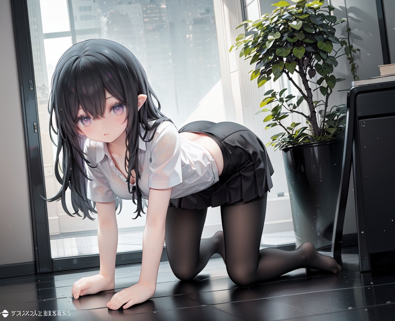 masterpiece, ((best quality)), (ultra-detailed), (illustration), an extremely delicate and beautiful, dynamic angle, chromatic aberration,((Medium shot)), ((colorful)),1girl, pantyhose, black hair, pointy ears, long hair, solo, skirt, shirt, all fours, purple eyes, white shirt, looking at viewer, black pantyhose, black skirt, short sleeves, no shoes, underwear, panties, tentacles, bangs, thighband pantyhose, indoors, blush, panties under pantyhose, full body, tree, hair between eyes, wet