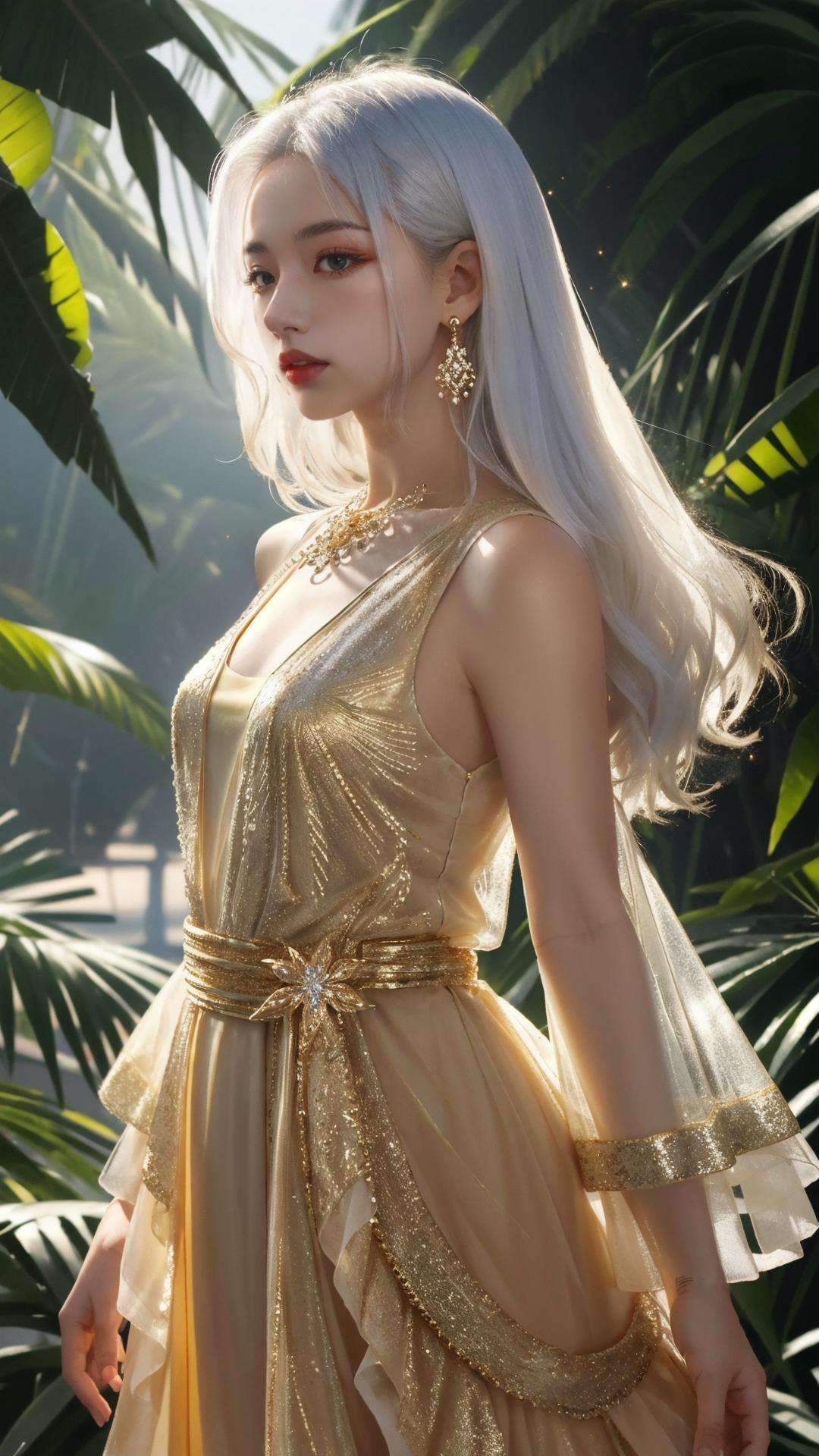 masterpiece, best quality,highres, 1girl, jinmeng, golden layered dress, sparkle, see-through, jewelry, white hair, sunlight,  <lora:jinmeng:0.8>