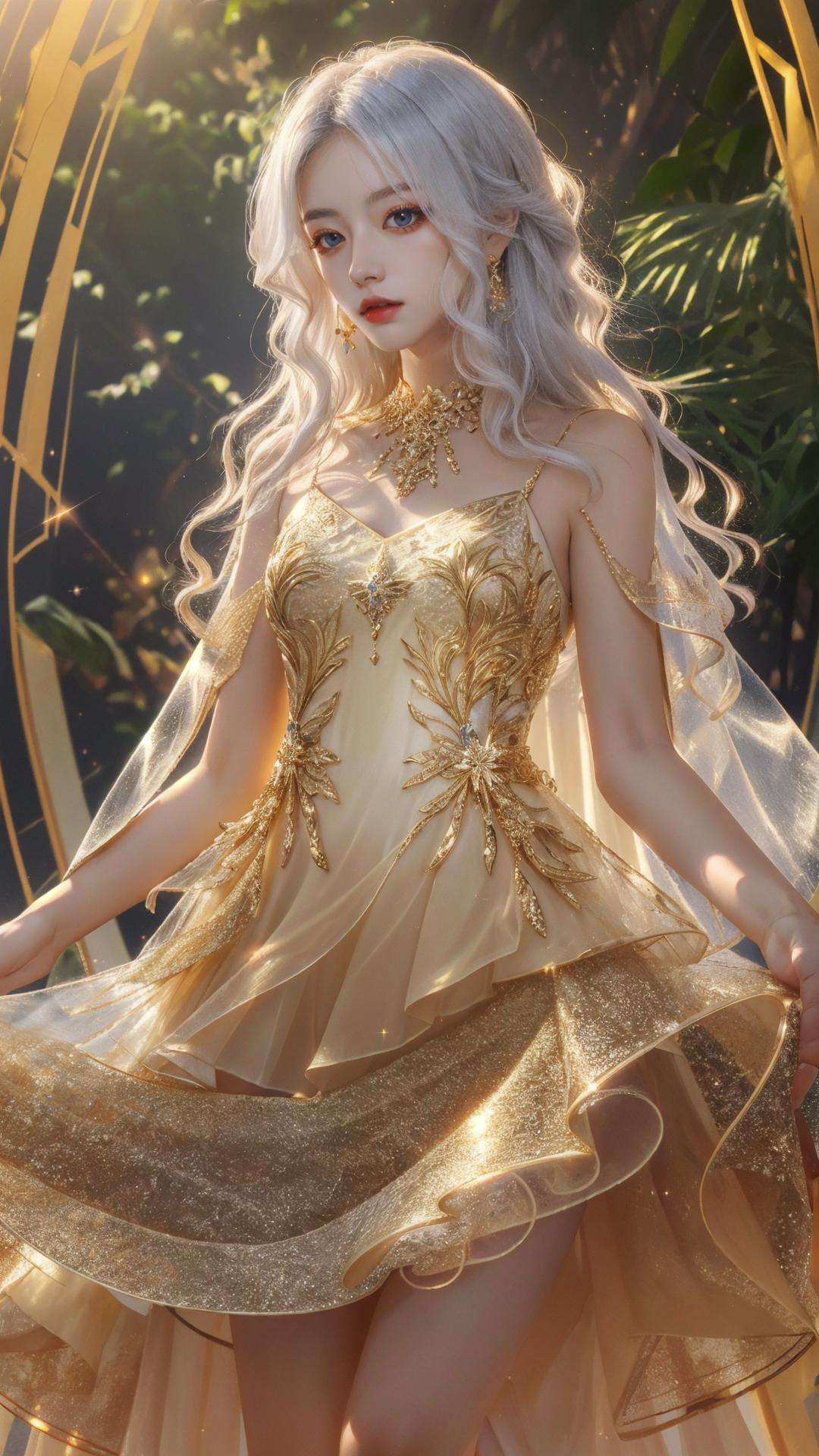 masterpiece, best quality,highres, 1girl, jinmeng, golden layered dress, sparkle, see-through, jewelry, white hair, sunlight,  <lora:jinmeng:0.8>