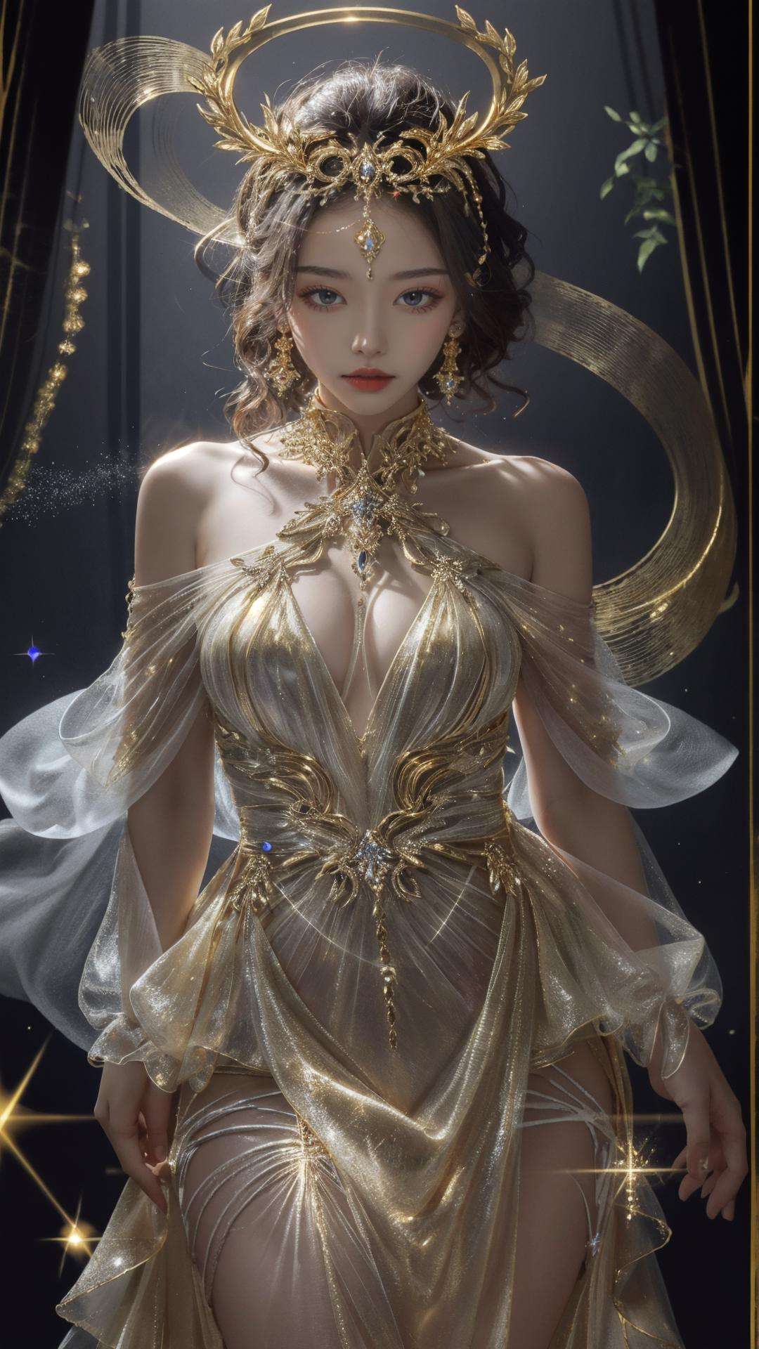 masterpiece, best quality,highres, 1girl, <lora:jinmeng:0.7>, jinmeng, golden dress, sparkle, see-through, layered dress, jewelry