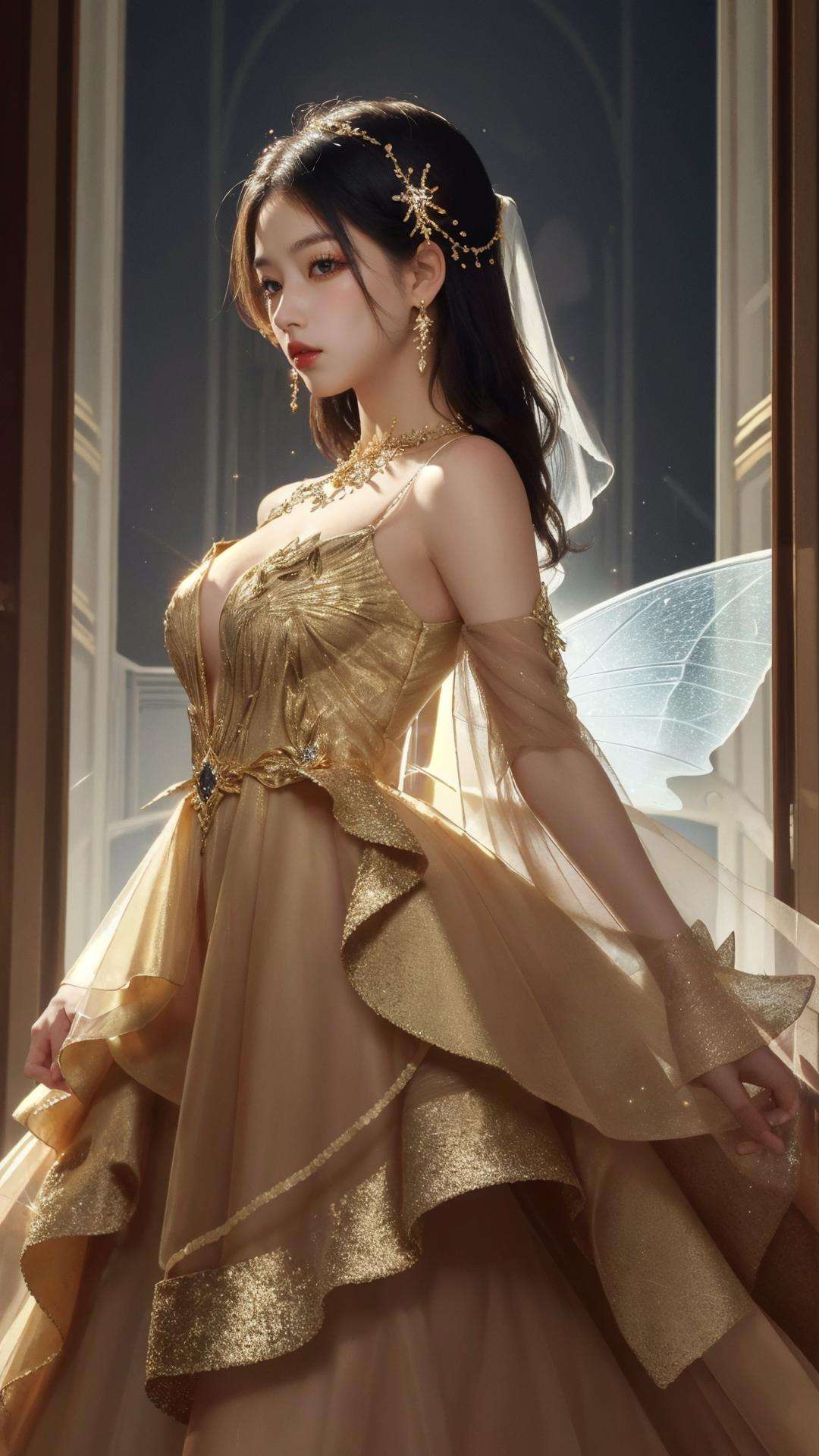 masterpiece, best quality,highres, 1girl, <lora:jinmeng:0.7>, jinmeng, golden fairy_dress, sparkle, see-through, layered dress, jewelry