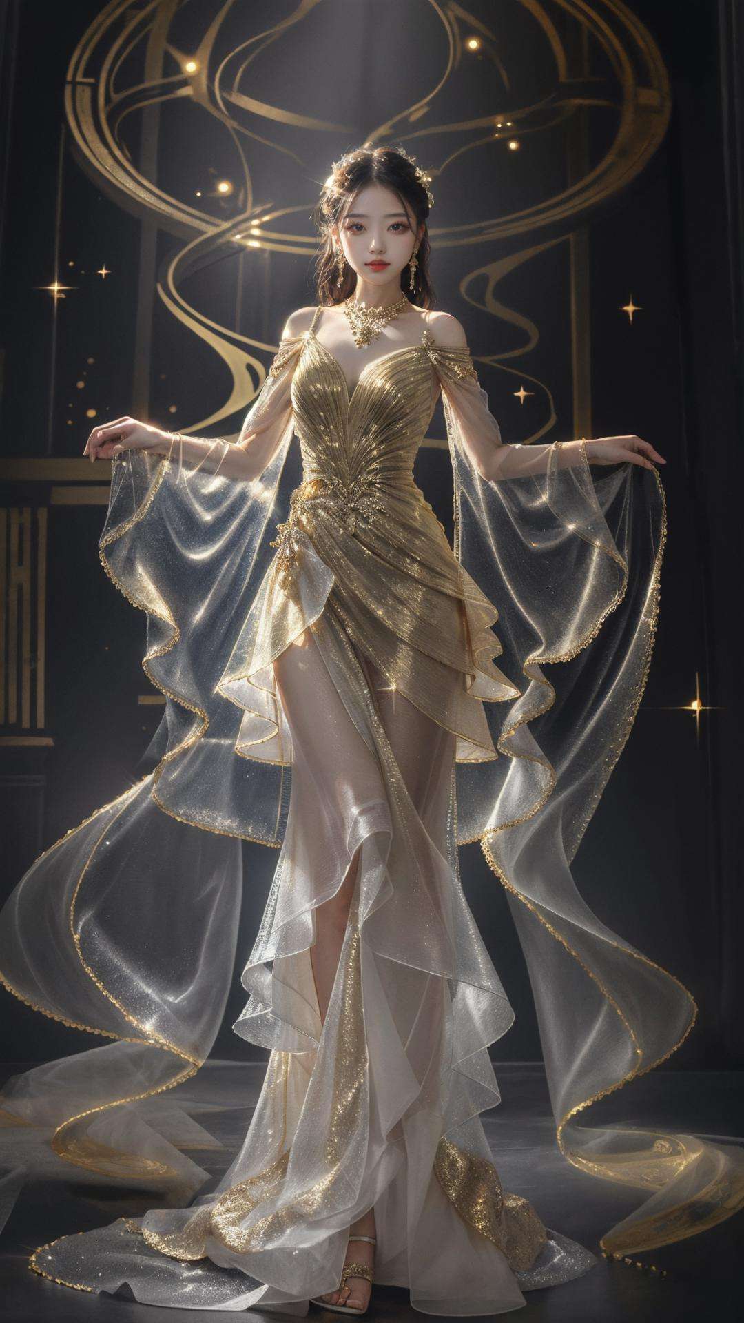 masterpiece, best quality,highres, 1girl, <lora:jinmeng:0.7>, jinmeng, golden dress, sparkle, see-through, layered dress, jewelry, sunlight, 