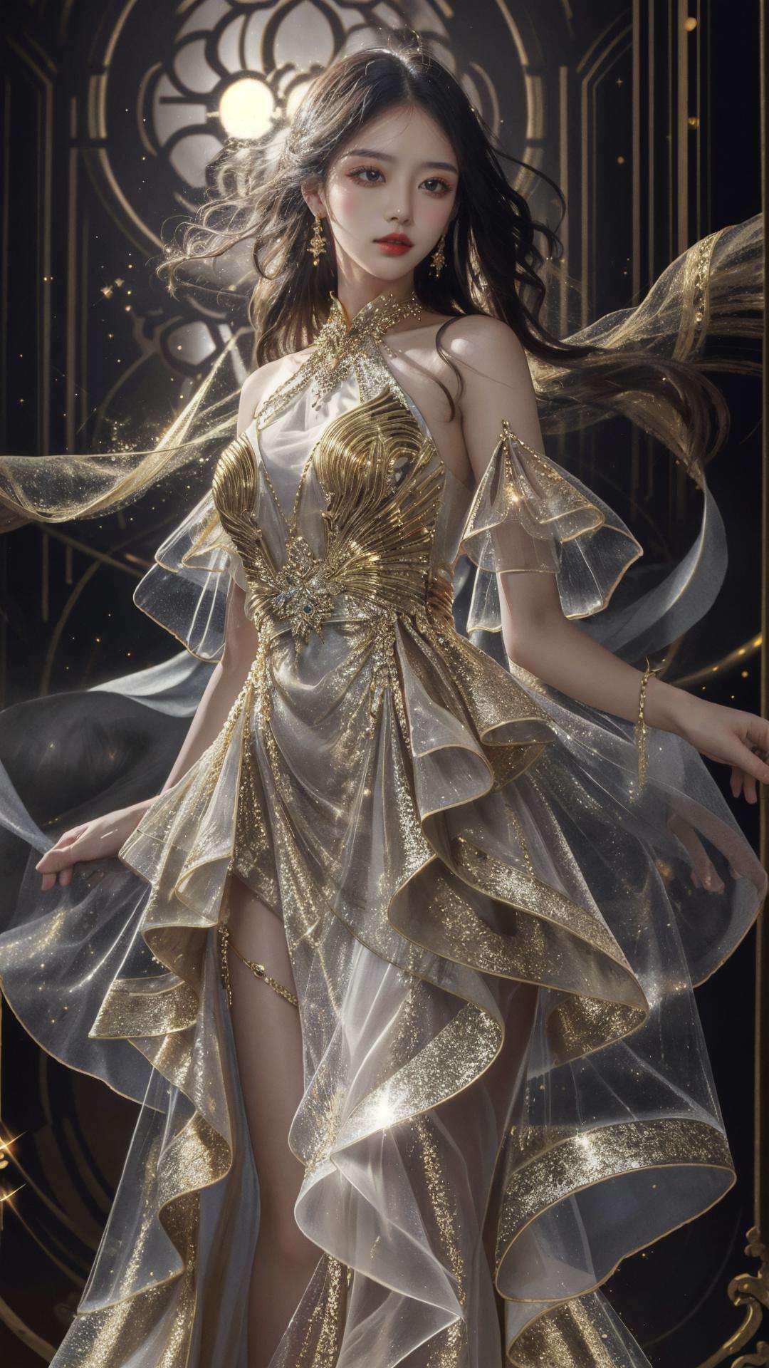 masterpiece, best quality,highres, 1girl, <lora:jinmeng:0.7>, jinmeng, golden dress, sparkle, see-through, layered dress, jewelry, sunlight, 