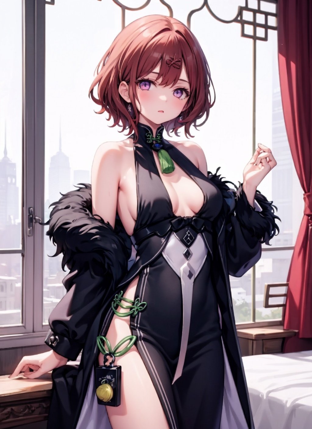 1girl,solo,standing,cowboy shot,china dress, tassel, black fur,  fur trim, <lora:ChinaDressShunV1:0.85>,indoors, bedroom,small breasts,<lora:char-madoka:0.8> ,playing with own hair, purple eyes, cleavage cutout, 