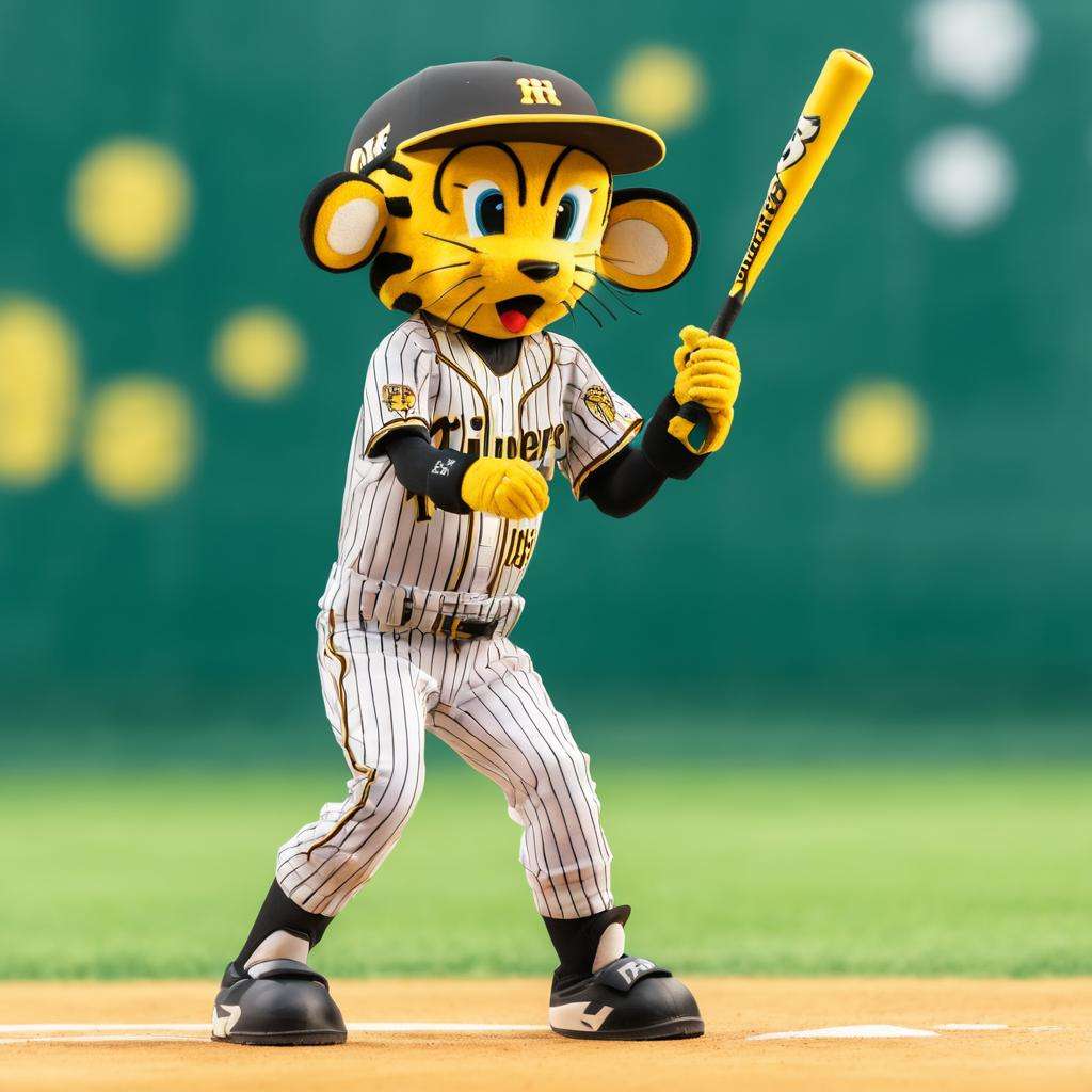 best quality, ultra-detailed, illustration, tolucky, mascot, baseball uniform, sportswear, baseball bat, baseball cap, holding, blurry background, black footwear, blurry, pants, holding baseball bat, belt, gloves, shirt, baseball, black headwear, standing on one leg, baseball mitt, standing, full body, leg up, helmet, striped, clothes writing, stadium <lora:tolucky_sdxl_v1:1>