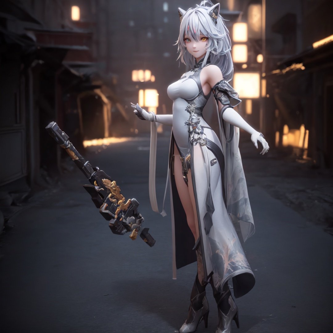 an alone mature girl, long red slice gray hair style, yellow eye, standing, china city, night time, high detail mature face, headgear,bare shoulder, white red china dress, white glove, black boot, black stocking, high res, ultra sharp, 8k, masterpiece, smiling, weapon, fantasy world, magical radiance background ((Best quality)), ((masterpiece)), 3D, HDR (High Dynamic Range),Ray Tracing, NVIDIA RTX, Super-Resolution, Unreal 5,Subsurface scattering, PBR Texturing, Post-processing, Anisotropic Filtering, Depth-of-field, Maximum clarity and sharpness, Multi-layered textures, Albedo and Specular maps, Surface shading, Accurate simulation of light-material interaction, Perfect proportions, Octane Render, Two-tone lighting, Wide aperture, Low ISO, White balance, Rule of thirds,8K RAW, Aura, masterpiece, best quality, Mysterious expression, magical effects like sparkles or energy, flowing robes or enchanting attire, mechanic creatures or mystical background, rim lighting, side lighting, cinematic light, ultra high res, 8k uhd, film grain, best shadow, delicate, RAW, light particles, detailed skin texture, detailed cloth texture, beautiful face, (masterpiece), best quality, expressive eyes, perfect face,