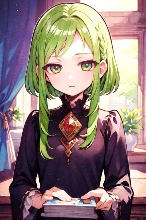 masterpiece, best quality, wallpaper, 1girl, solo, looking at viewer, upper body, depth of field, (watercolor illustration, soft pastel colors:1.1), realistic, <lora:sakura_nanamine:0.74>, sakura_nanamine, green hair, green eyes, sidelocks, short hair with long locks, vampire costume, science fiction science fantasy,