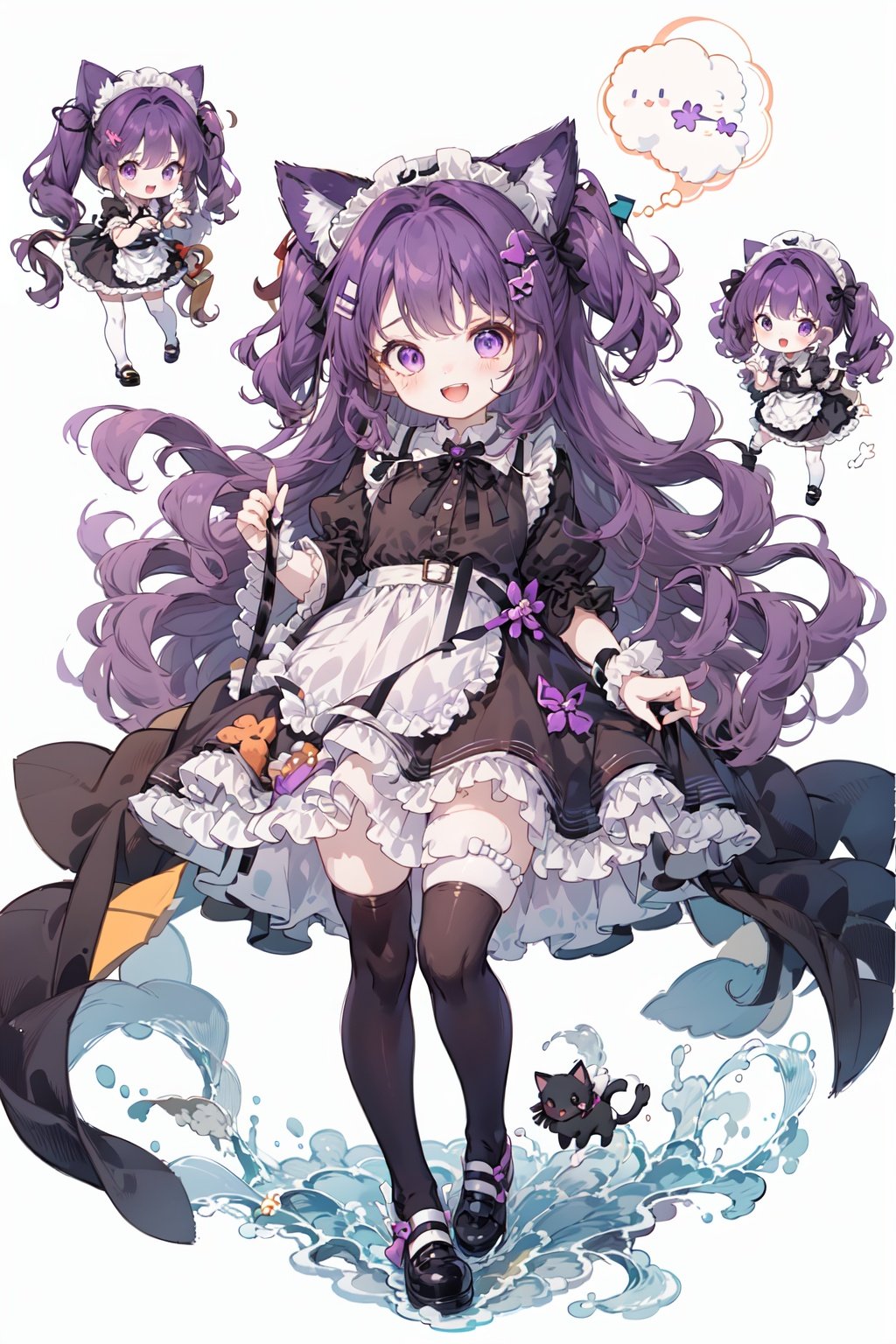 qzqban, 1girl, purple hair, animal ears, black footwear, solo, purple eyes, thighhighs, bow, long hair, white background, full body, simple background, white thighhighs, black bow, two side up, shoes, smile, short sleeves, looking at viewer, cat ears, cat, wrist cuffs, bangs, chibi, skirt, animal ear fluff, frills, hair bow, open mouth, very long hair, black skirt, shirt, standing, white shirt, maid headdress, puffy sleeves, :d, maid, blush, hair ornament, puffy short sleeves, teeth, animal