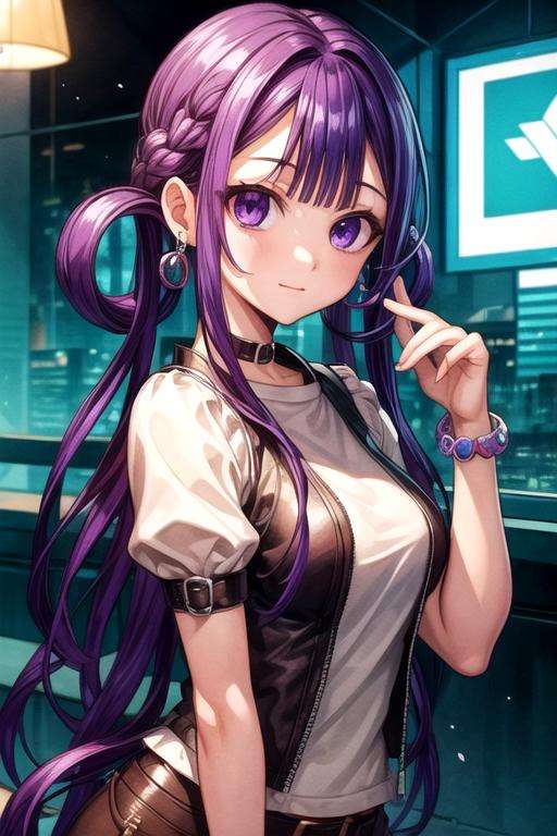 masterpiece, best quality, illustration, 1girl, solo, looking at viewer, , , , , <lora:aoi_akane:0.66>, aoi_akane, purple hair, purple eyes, , hair rings, , cyberpunk,