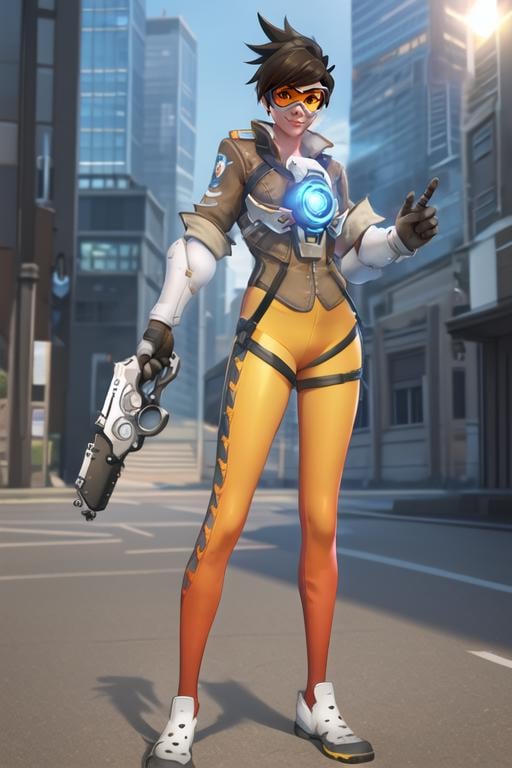 tracer, bomber jacket, chest harness, bodysuit, orange goggles, orange leggings,  glowing, shoes, dual wielding, (handgun), raised hands, futuristic city, looking at viewer, standing, cheeky smile, sky, sunlight, best quality, <lora:tracerLast-000020:0.7>