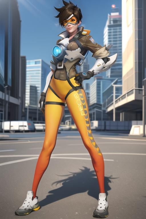 tracer, bomber jacket, chest harness, bodysuit, orange goggles leggings, shoes, futuristic city, looking at viewer, standing, cheeky smile, sky, sunlight, best quality, <lora:tracerLast-000020:0.7>