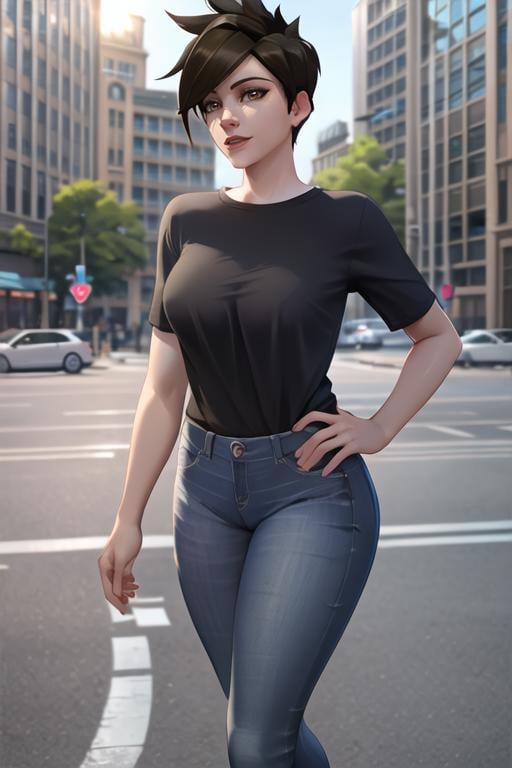 tracer, casual clothes, shirt,  jeans, city street, sunlight, <lora:tracerLast-000020:0.8>, best quality