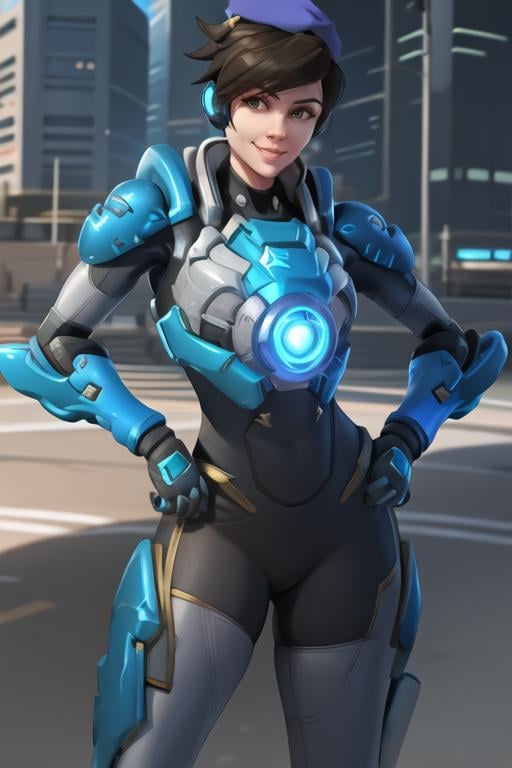 tracer, cadet uniform, beret, earpiece, standing, armor, hands on hips, looking at viewer, cheeky smile, futuristic city, best quality, <lora:tracerLast-000020:0.7>