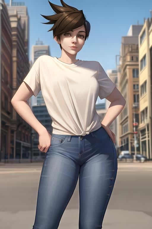 tracer, casual clothes, shirt,  jeans, city street, sunlight, <lora:tracerLast-000020:0.7>, best quality