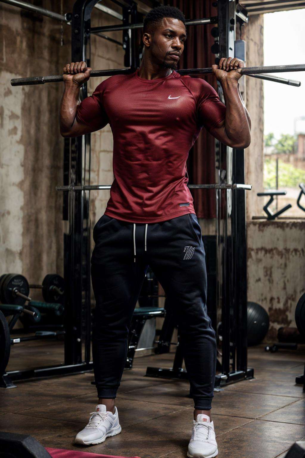 realistic, masterpiece, intricate details, detailed background, depth of field, photo of a handsome (ugandan man), gym, shirt, sweatpants, dynamic pose, sweaty, (exercise), full body, ((facing viewer)),