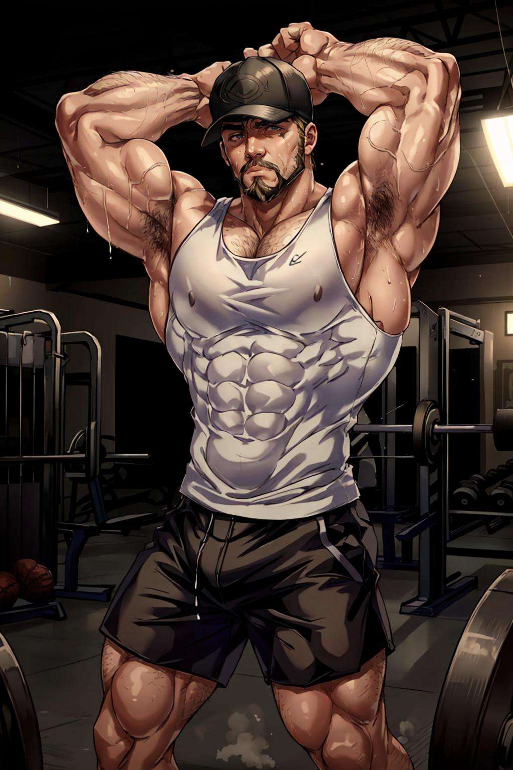 (irish man), gym, white tank top, black shorts, dynamic pose, sweaty, flexing, baseball cap, sidepec, beard, armpits,, (best quality), (masterpiece), (highly detailed), cinematic, (detailed background), depth of field, intricate details, 8k, bara, photo of a handsome man,