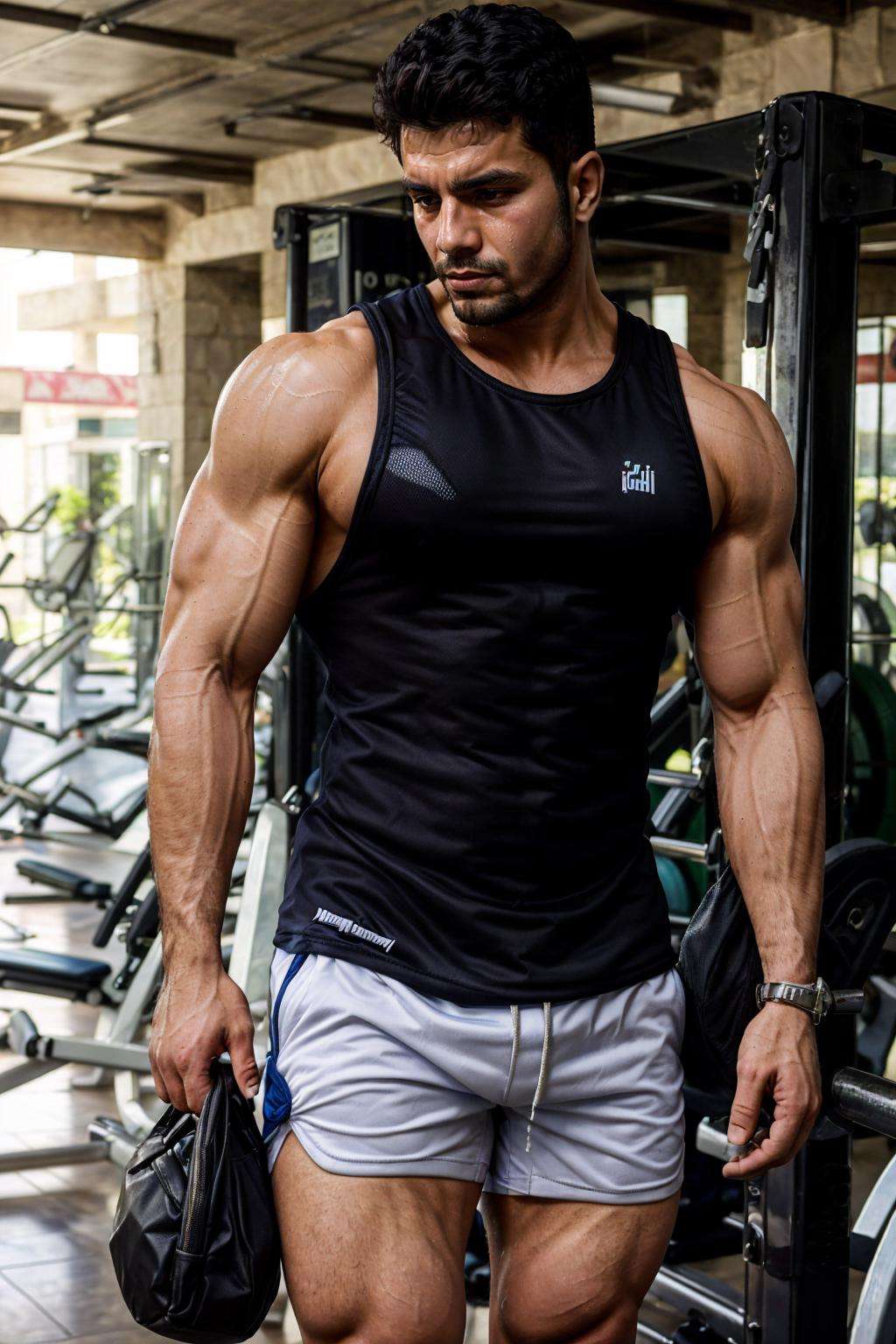 realistic, masterpiece, intricate details, detailed background, depth of field, photo of a handsome (iraqi man), gym, tank top, shorts, dynamic pose, sweaty, carrying bag,