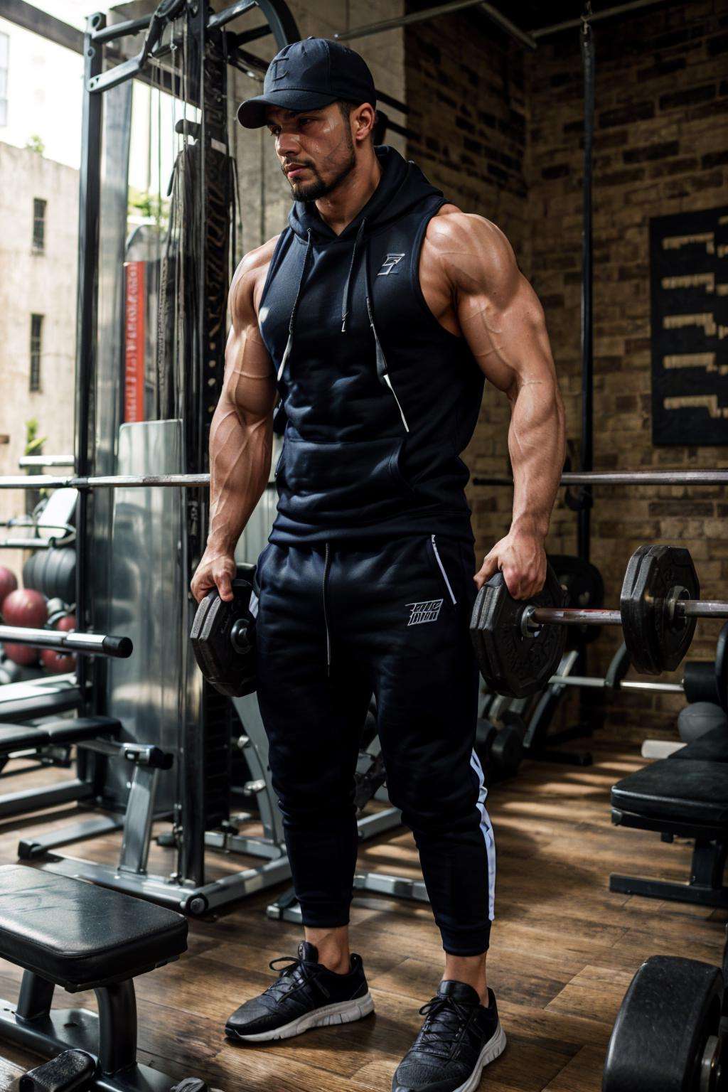 realistic, masterpiece, intricate details, detailed background, depth of field, photo of a handsome (dominican man), gym, sleeveless hoodie, sweatpants, dynamic pose, sweaty, cap, sidepec, beard, exercise, full body,