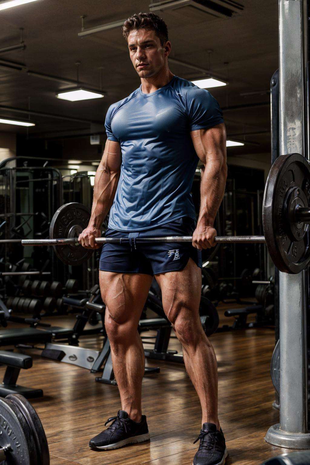 realistic, masterpiece, intricate details, detailed background, depth of field, photo of a handsome (australian man), gym, shirt, shorts, dynamic pose, sweaty, exercise, full body, ((facing viewer)),