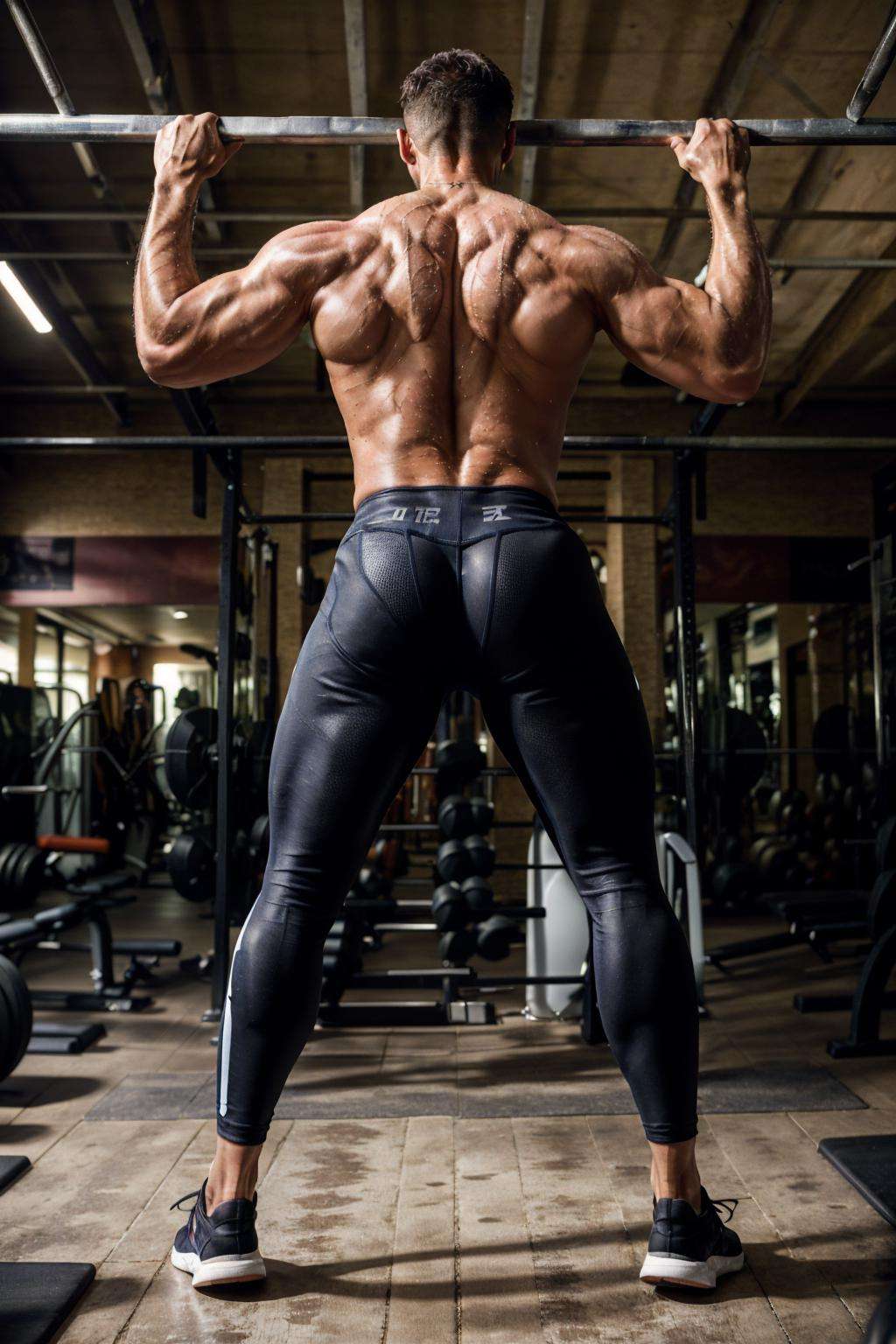 realistic, masterpiece, intricate details, detailed background, depth of field, photo of a handsome (french man), gym, leggings, dynamic pose, sweaty, pull up bar, from behind, exercise,