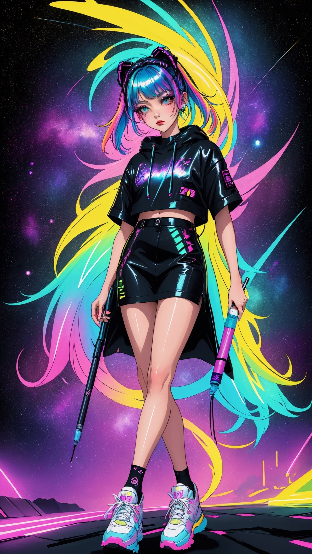 Nostalgia 90s marker art - angelic cyberpunk woman, marker style outlines, eyeliner makeup, lost in space(stars, glints, galaxy background), floating pose, streetwear design, pro vector, full design, solid colors, warm colors, cinematic sci-fi background, rainbow hair, copic, micron liner