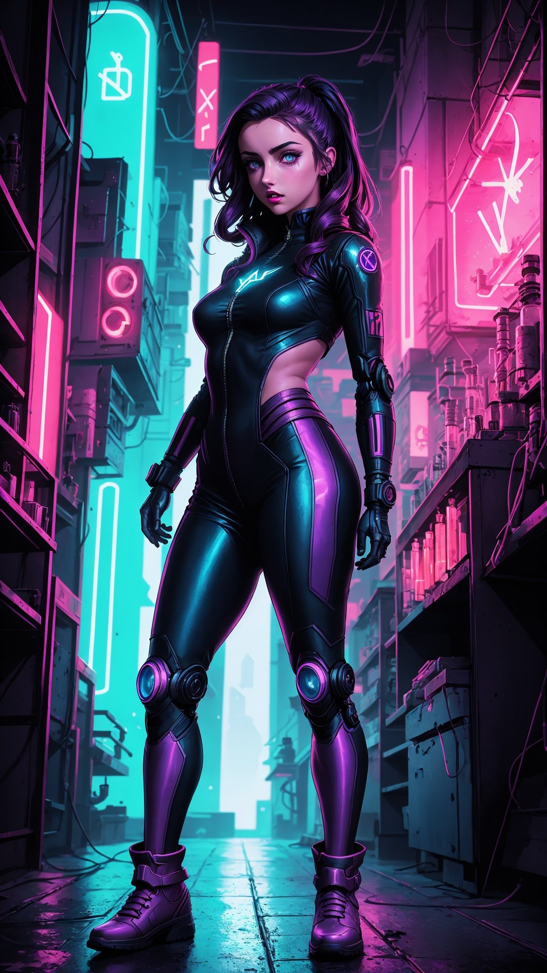 Ana De Armas as cyberpunk ninja robot warrior, light purple Eyes, Marvel X-23, goth, Julie Bell, Patrick Nagle, art style, frontal perspective, action shot, vibrant color, high detail, Laboratory neon background.