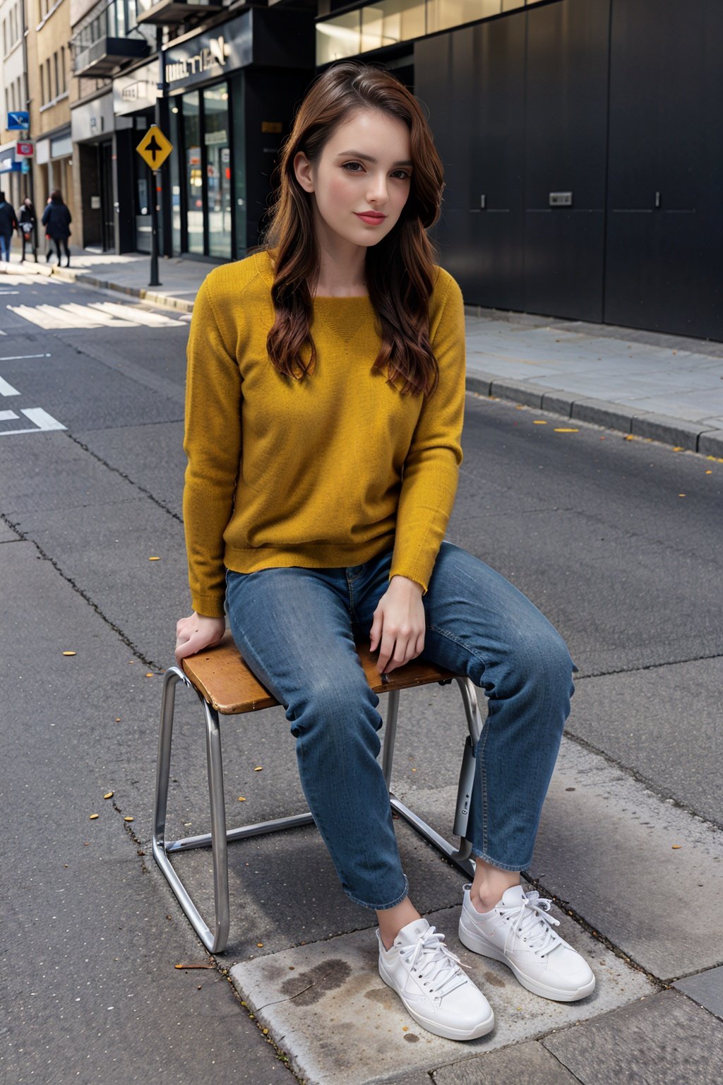 1girl, yellow sweater, winter street background, blue shoes, full body, sitting on chair