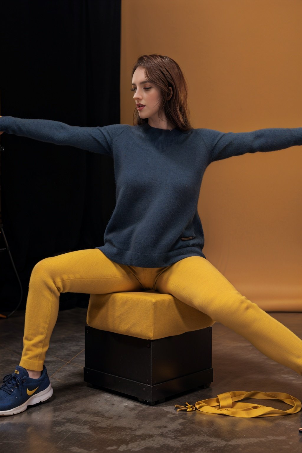 xyzsansweater223, 1girl, yellow sweater, studio background, blue shoes, full body,<lora:xyzsansweater223-10:1>