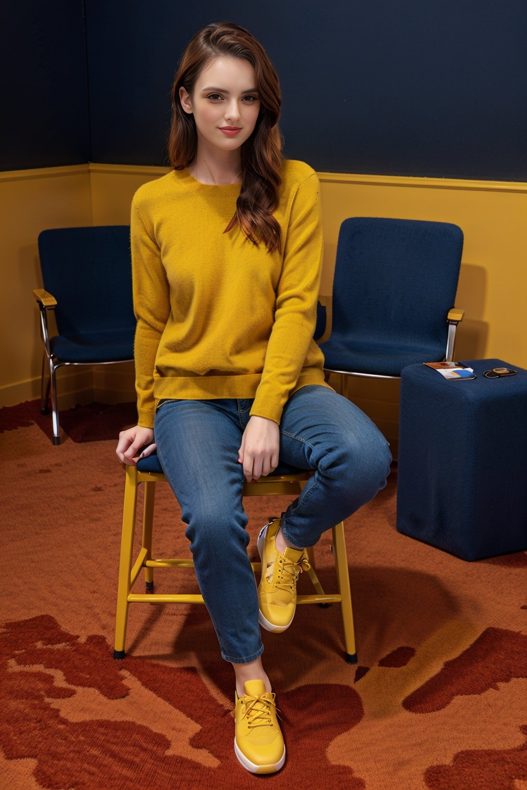 xyzsansweater223, 1girl, yellow sweater, studio background, blue shoes, full body, sitting on chair,<lora:xyzsansweater223-10:1>