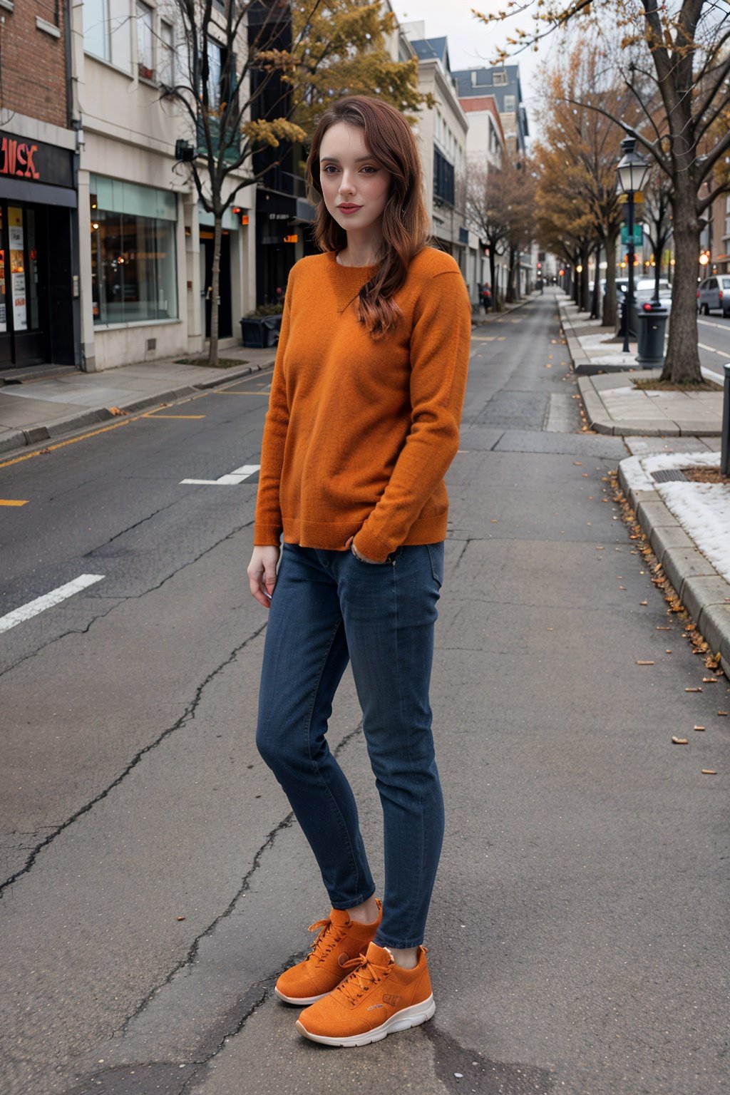 xyzsansweater223, 1girl, orange sweater, winter street background, blue shoes, full body,<lora:xyzsansweater223-10:1>