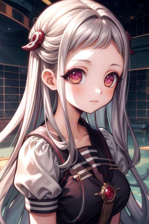 masterpiece, best quality, illustration, 1girl, solo, looking at viewer, , , , , <lora:nene_yashiro:0.70>, nene_yashiro, grey hair, pink eyes, , dalmatian costume, science fiction cyber-thriller,