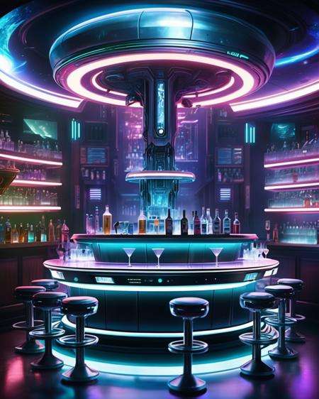 cinematic SCI-FI environment,  Robotic bartenders serve patrons in a bar with levitating seats,  while holographic bands p...