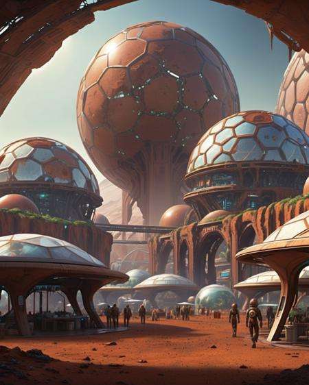 cinematic SCI-FI environment,  Massive geodesic domes protect a terraformed Martian city,  with bustling markets and domed...