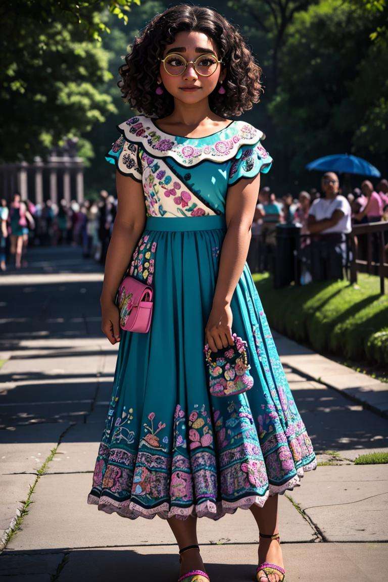 (masterpiece,  best quality:1.2),  solo,  (depth of field:1.1),  MirabelST,  1girl,  medium shot,  portrait,  central park,  medium hair,  curly hair,  full body,  shoes,  embroidered pink bag,  white blouse,  ((teal skirt)),  brown eyes,  embroidery,  masterpiece,  ,  perfect face,  perfect picture,  detailed eyes , sharp focus, <lora:EMS-38561-EMS:1.000000>, , <lora:EMS-13102-EMS:0.500000>