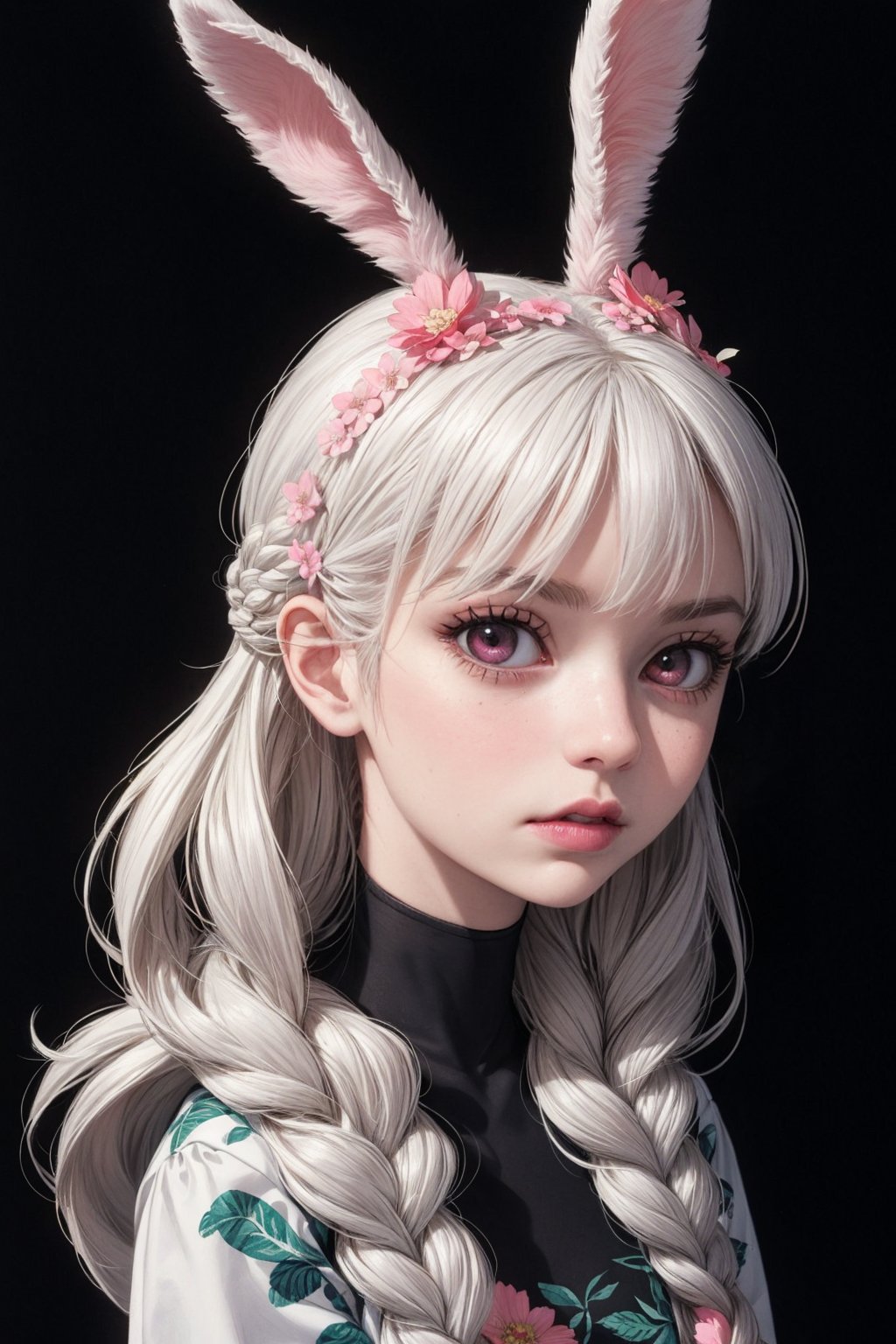 1girl,  solo,  long hair,  bangs,  simple background,  animal ears,  upper body,  braid,  flower,  white hair,  pink eyes,  rabbit ears,  floral print,  helmet,  black background,  portrait,<lora:EMS-38657-EMS:0.500000>,<lora:EMS-179-EMS:0.500000>