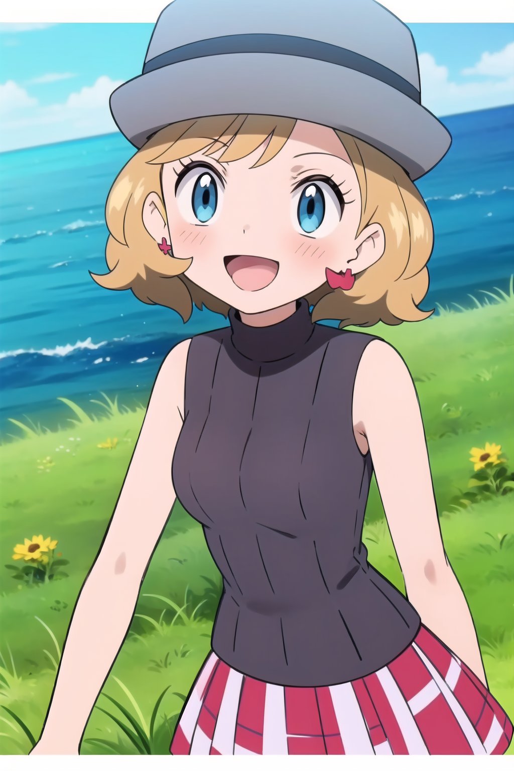 1girl, solo, blush, smile, short hair, open mouth, bangs, blue eyes, blonde hair, hat, jewelry, upper body, :d, earrings, outdoors, sky, sleeveless, day, tongue, shiny, cloud, water, blurry, vest, bare arms, eyelashes, turtleneck, border, happy, grass, sweater vest, sleeveless turtleneck, grey headwear, skirt, pleated skirt, red skirt