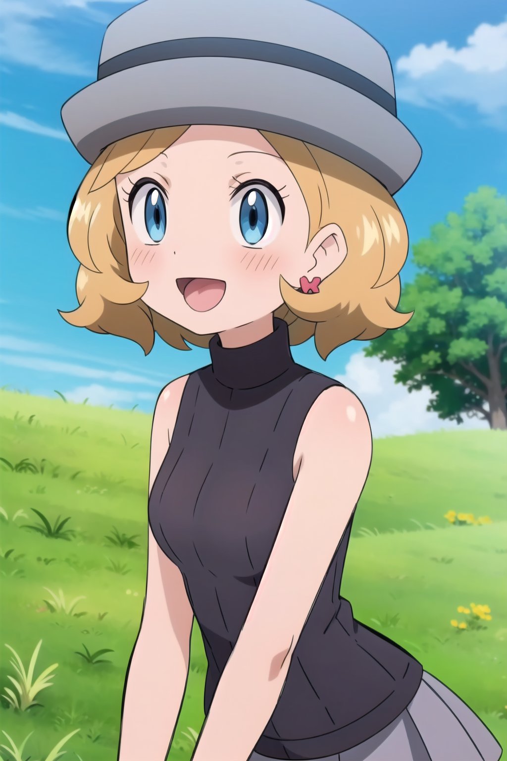 1girl, solo, blush, smile, short hair, open mouth, bangs, blue eyes, blonde hair, hat, jewelry, upper body, :d, earrings, outdoors, sky, sleeveless, day, tongue, shiny, cloud, water, blurry, vest, bare arms, eyelashes, turtleneck, border, happy, grass, sweater vest, sleeveless turtleneck, grey headwear, skirt, pleated skirt