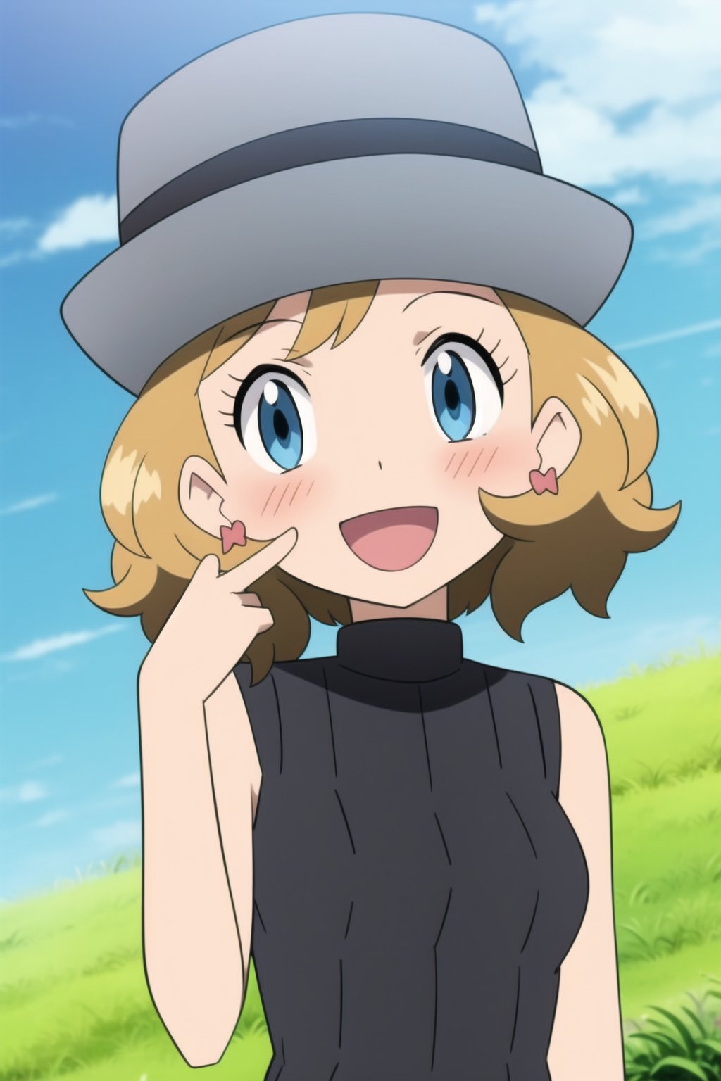 1girl, solo, blush, smile, short hair, open mouth, bangs, blue eyes, blonde hair, hat, jewelry, upper body, :d, earrings, outdoors, sky, sleeveless, day, tongue, shiny, cloud, hand up, water, blurry, vest, bare arms, eyelashes, turtleneck, border, happy, grass, sweater vest, sleeveless turtleneck, grey headwear