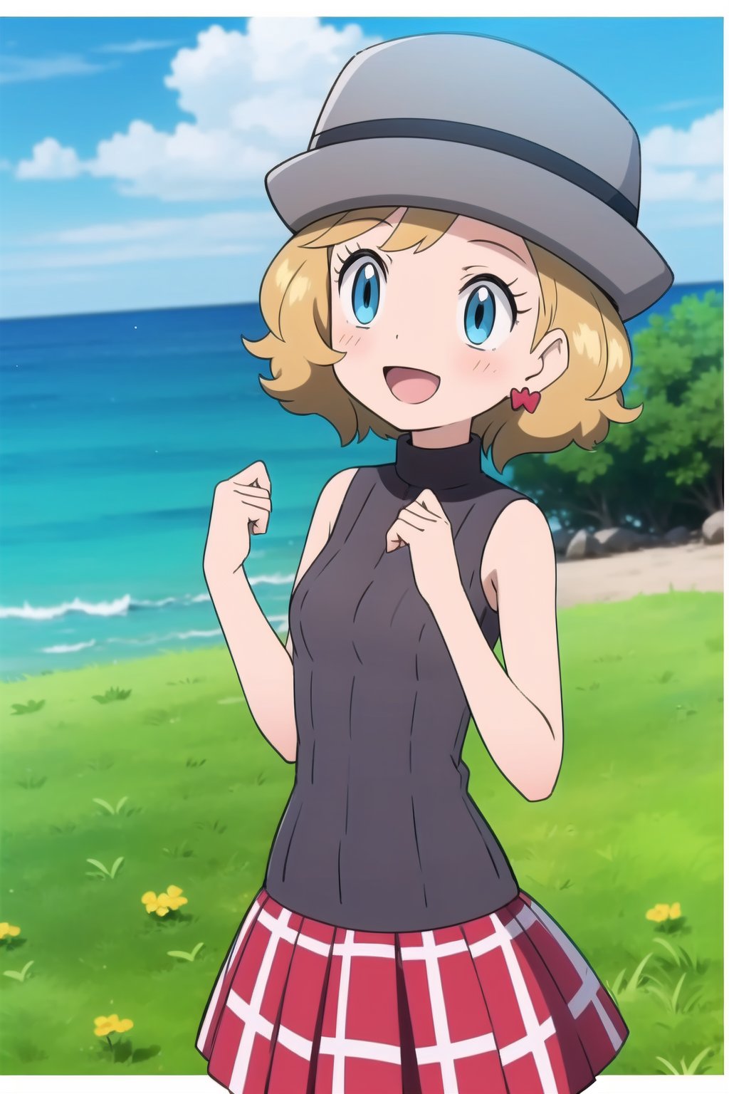 1girl, solo, blush, smile, short hair, open mouth, bangs, blue eyes, blonde hair, hat, jewelry, :d, earrings, outdoors, sky, sleeveless, day, tongue, shiny, cloud, water, blurry, vest, bare arms, eyelashes, turtleneck, border, happy, grass, sweater vest, sleeveless turtleneck, grey headwear, skirt, pleated skirt, red skirt