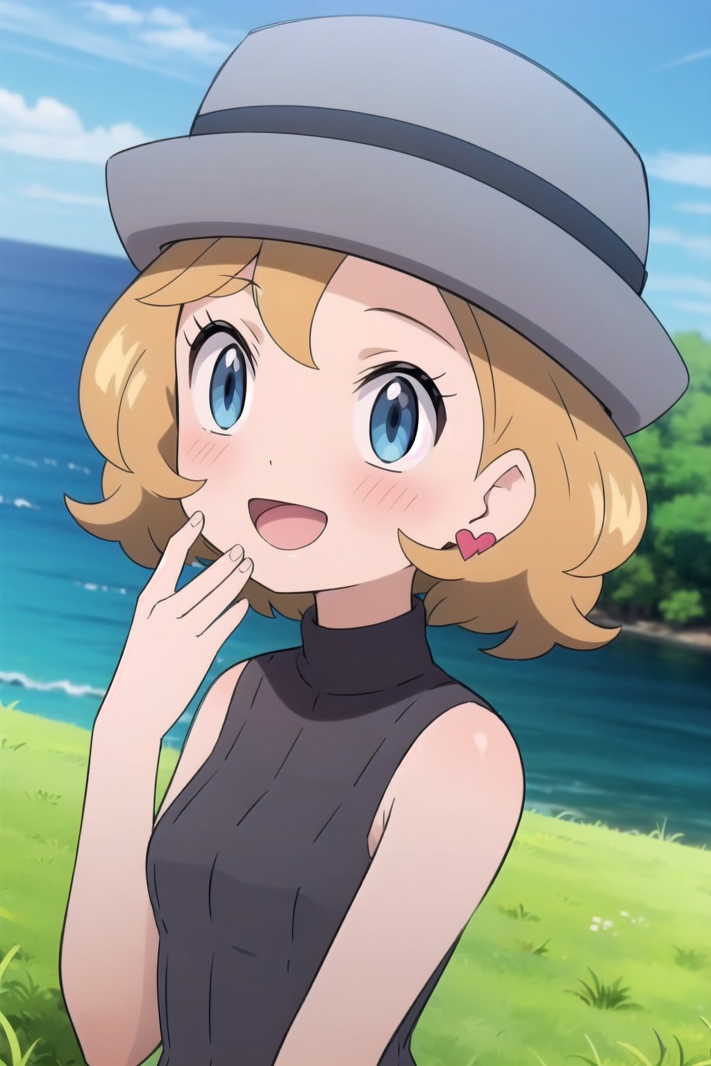 1girl, solo, blush, smile, short hair, open mouth, bangs, blue eyes, blonde hair, hat, jewelry, upper body, :d, earrings, outdoors, sky, sleeveless, day, tongue, shiny, cloud, hand up, water, blurry, vest, bare arms, eyelashes, turtleneck, border, happy, grass, sweater vest, sleeveless turtleneck, grey headwear