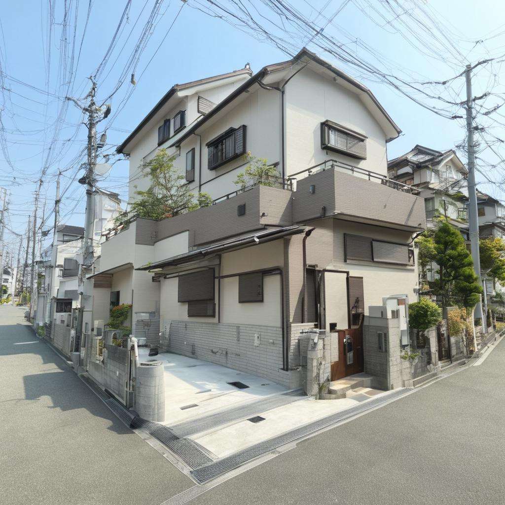 masterpiece, best quality, ultra-detailed, illustration,jyutaku, japan, scenery, outdoors, sky, power lines, building, road, window, street, utility pole, bicycle, ground vehicle, blue sky, day, house, fence, city, motor vehicle, lamppost, cityscape, realistic, photo background, photo (medium) <lora:JapanScenery_House_SDXL_V2:1>