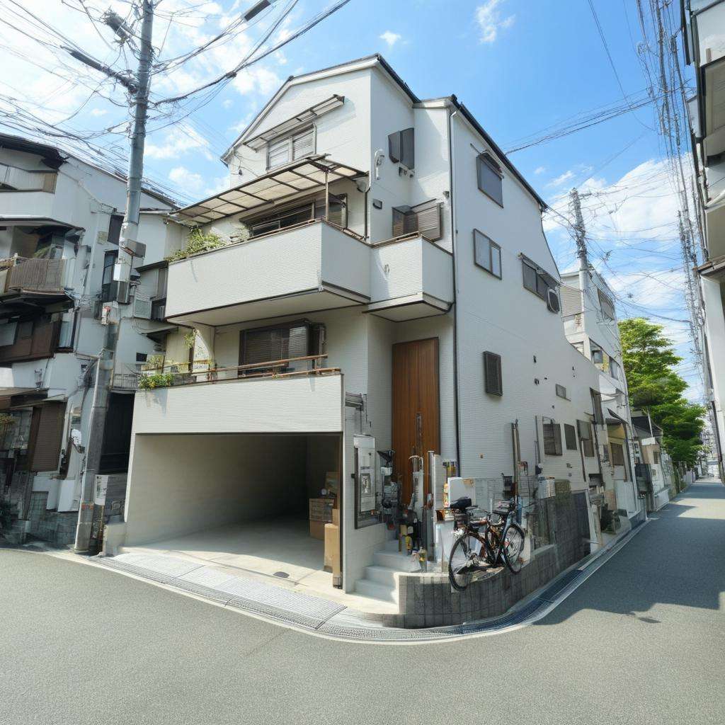 masterpiece, best quality, ultra-detailed, illustration,jyutaku, japan, scenery, scenery, sky, building, road, outdoors, street, day, blue sky, cloud, ground vehicle, power lines, bicycle, window, utility pole, city, motor vehicle, alley, shadow, house, realistic, photo background, photo (medium) <lora:JapanScenery_House_SDXL_V2:1>