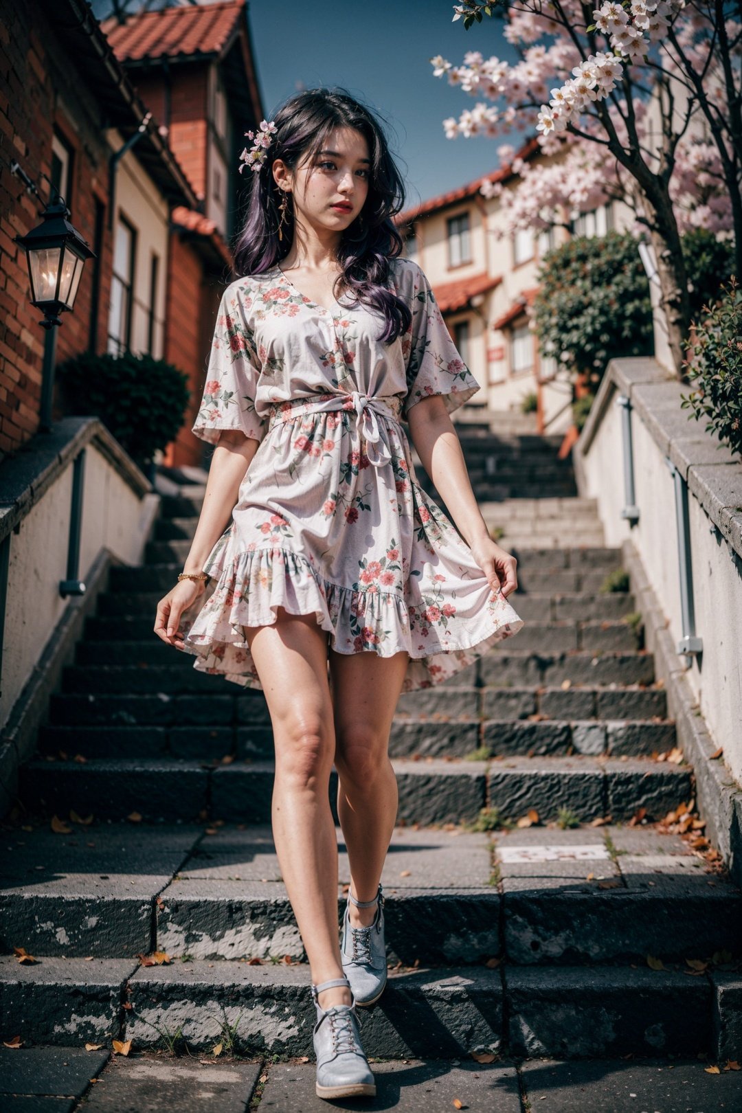 (long legs:1.4),(blurry background:1.3),masterpiece,day,bajinzi,best quality,(ultra detailed:1.3),((((charmingcobblestonestreets),))),(purple hair:1.3),hand between legs,unity 8k wallpaper,white dress,(lantern:1.2),(hair ornament:1.2),looking at viewer,hair ornament,1girl,(photorealistic:1.4),(rock steps extending upwards:1.3),cherry blossom tree,sun,long hair,1girl,solo,purple hair,long hair,