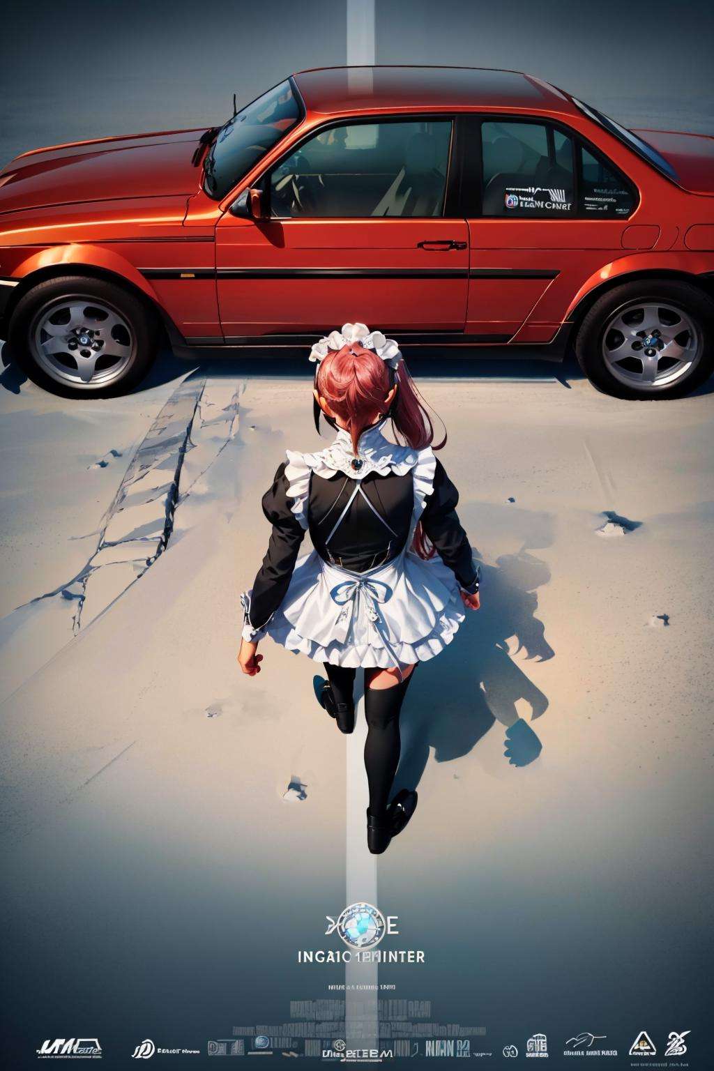 (masterpiece, best quality:1.2), akiraposter, from above, from behind, solo, 1girl, feliciadef, walking, ponytail, maid, maid headdress, black thighhighs, ground vehicle, grey car, bmw <lora:felicia-fe-richy-v1:1> <lora:concept_akiraposter-11:1>