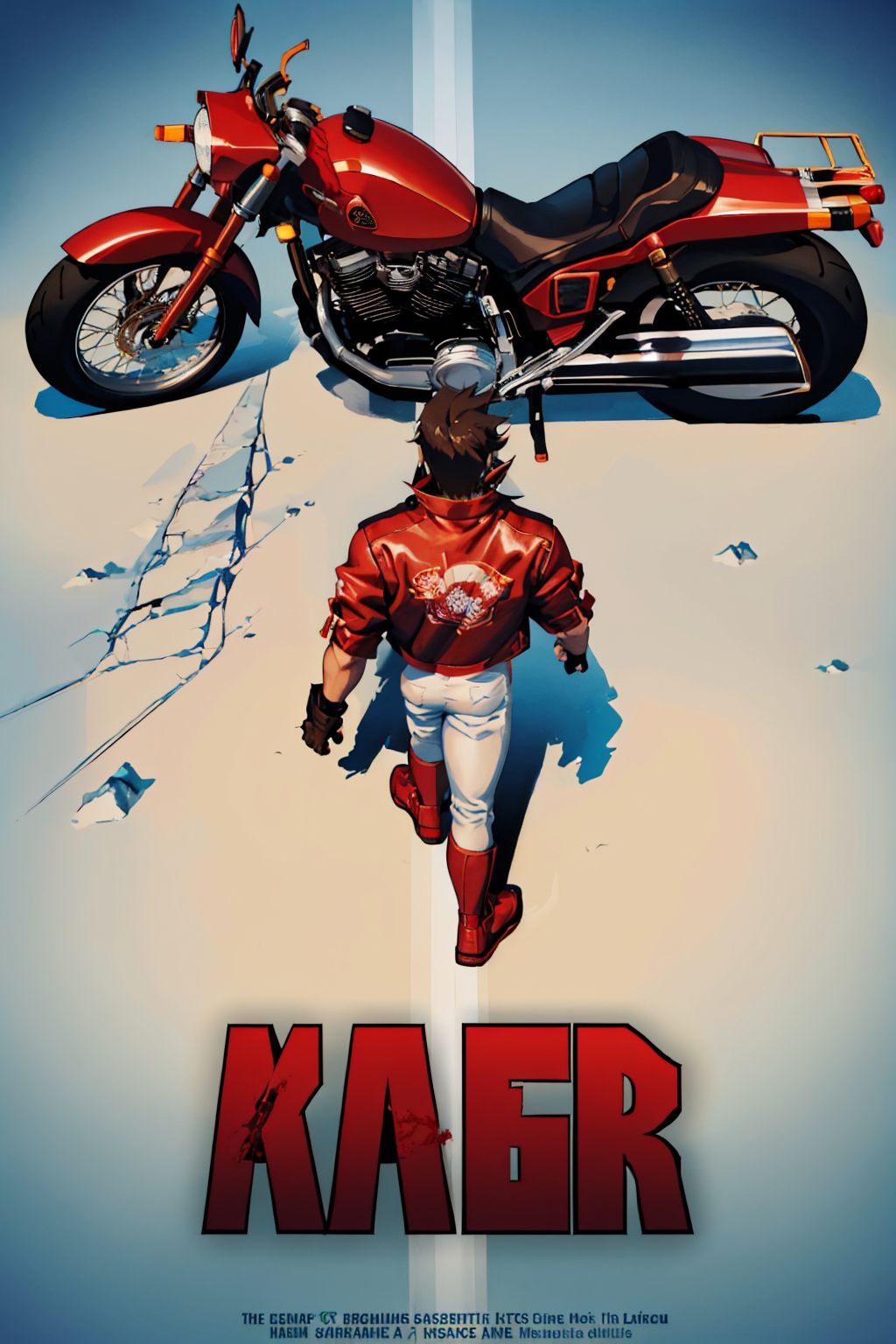 (masterpiece, best quality:1.2), akiraposter, from above, from behind, solo, male focus, 1boy, sol badguy, muscular male, walking, brown hair, ponytail, red headband, red jacket, white pants, fingerless gloves, ground vehicle, red motorcycle <lora:guiltygear_badguy:1.0> <lyco:concept_akiraposter-11:1>