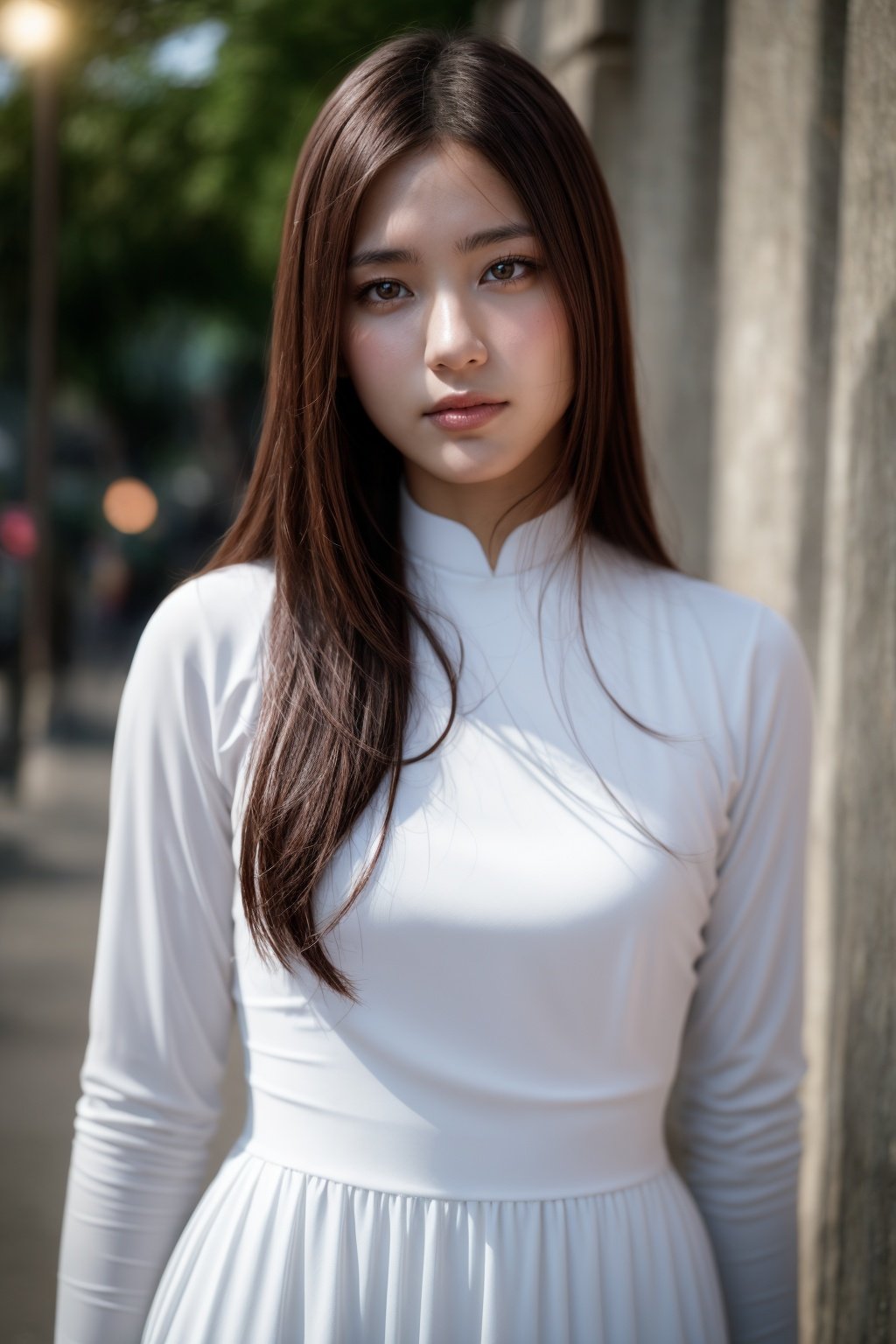 1girl, aodai white, photo art, <lora:aodai_white_SD_chiasedamme_v01:0.6>, a stunning photo with beautiful saturation, ultra high res,(realistic:1.4)),deep shadow,(best quality, masterpiece), pale skin, dimly lit, shade, flustered, blush, highly detailed, skinny, BREAK depth of field, film grain, wrinkled skin, looking at viewer, knee, warm smile, (upper body) masterpiece,ultra realistic,32k,extremely detailed CG unity 8k wallpaper, best quality