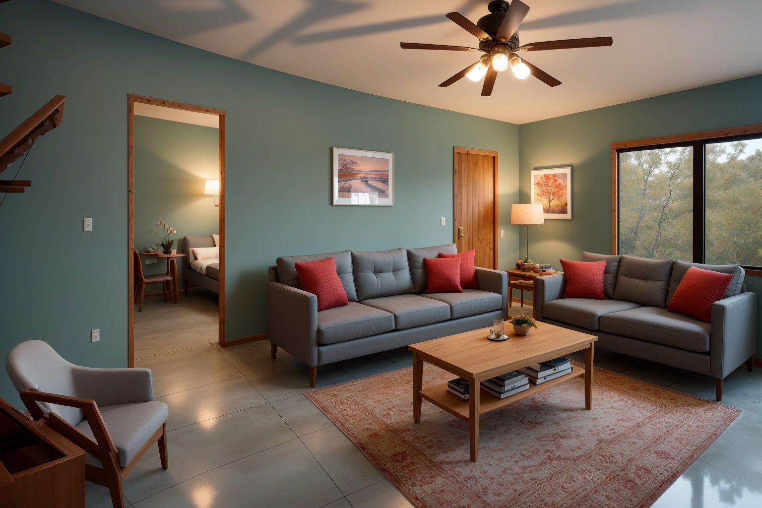 Indoors living room captured in the art form of Photography. Inspired by the works of Ansel Adams, the room embodies a Scandinavian color scheme, exuding coziness. A glass door with a wooden frame opens up to reveal the twilight sky. A piano sits gracefully next to a comfortable sofa and armchair, all centered around a table. Nestled under the stairway, a bar boasts a wine rack. The polished concrete floor reflects the dim light, while a ceiling fan stirs the air. On the walls, picture frames tell stories of past memories. Lens: 35mm. The room feels cinematic with a cool color temperature. The twilight outside creates a soft, ambient lighting, casting subtle shadows and setting a tranquil atmosphereraw photo, high quality, (masterpiece), realistic, ,Leica, <lora:add_detail:0.3> <lora:epiNoiseoffset_v2:0.3>